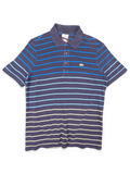 JAKE & IPI pre-owned Lacoste navy polo shirt featuring multicolour horizontal stripes and embroidered crocodile logo.