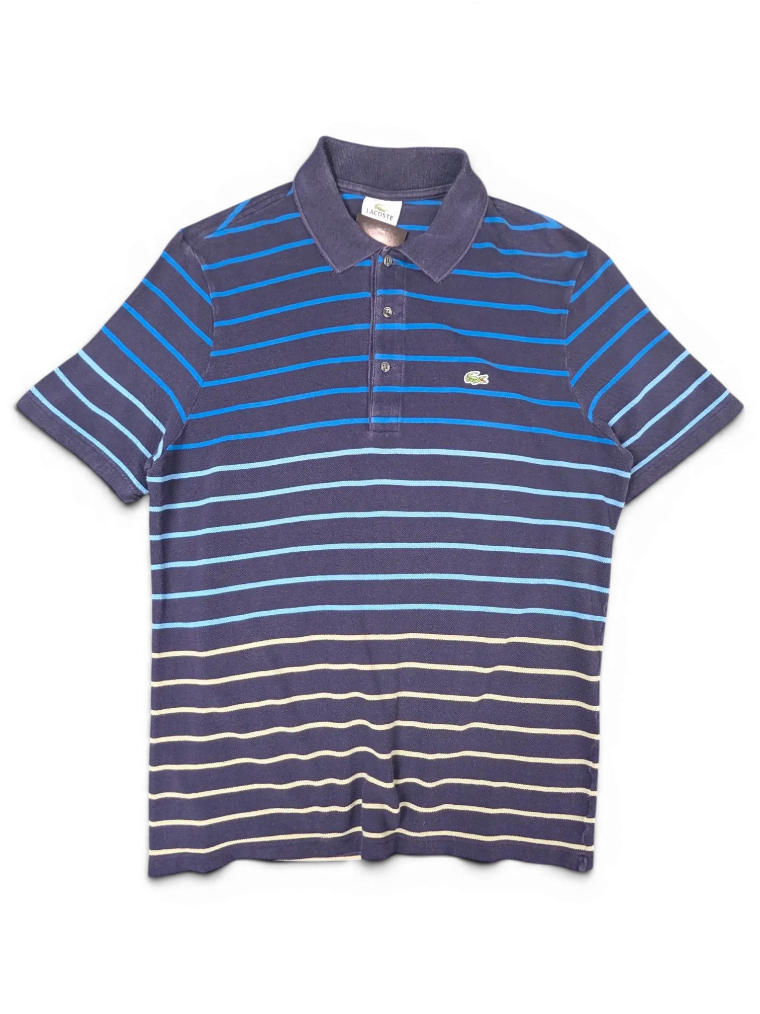 JAKE & IPI pre-owned Lacoste navy polo shirt featuring multicolour horizontal stripes and embroidered crocodile logo.