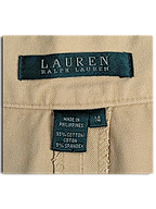 JAKE & IPI Lauren Ralph Lauren beige trousers size 14 label showing cotton spandex blend and made in Philippines