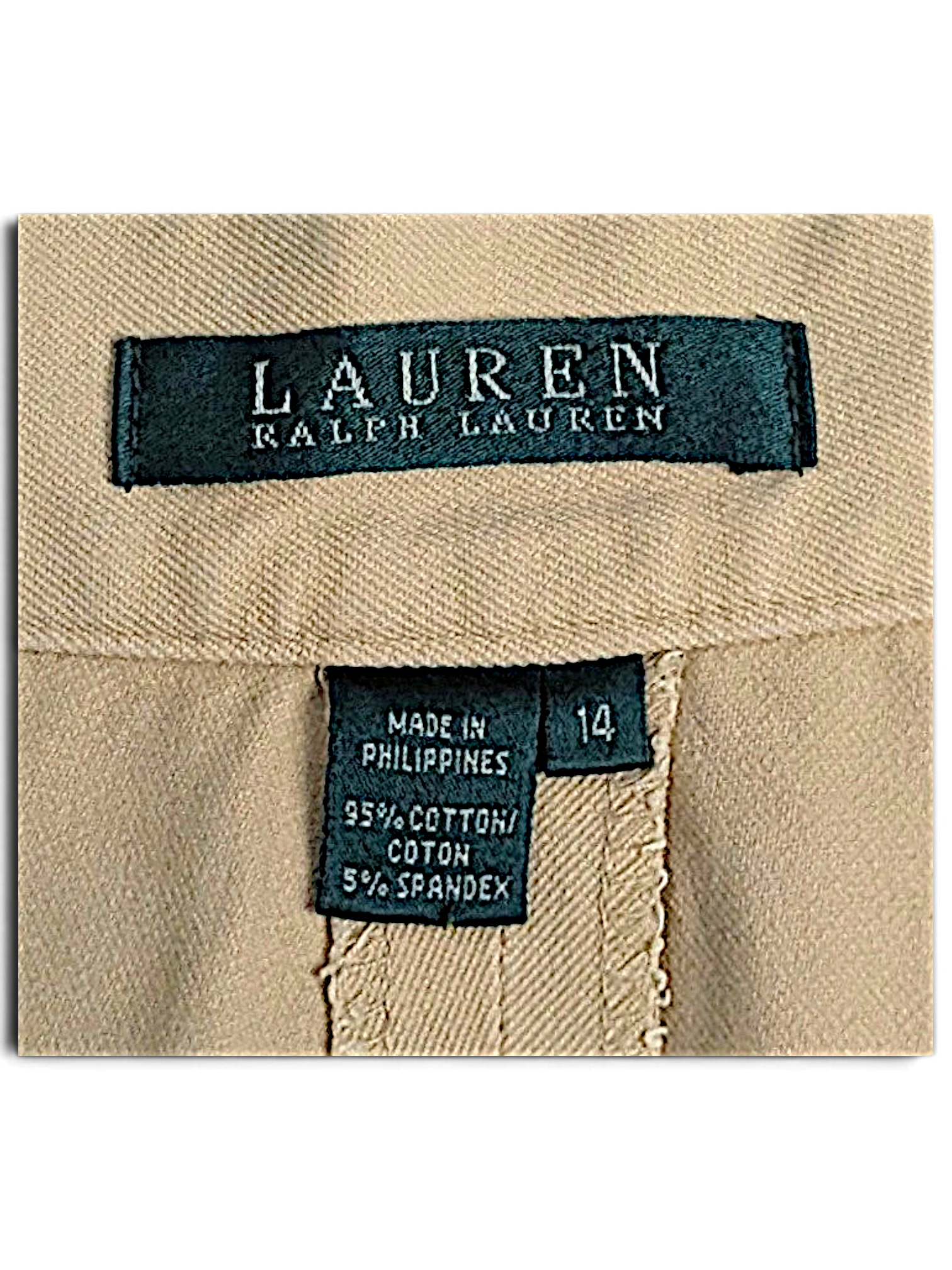 JAKE & IPI Lauren Ralph Lauren beige trousers size 14 label showing cotton spandex blend and made in Philippines