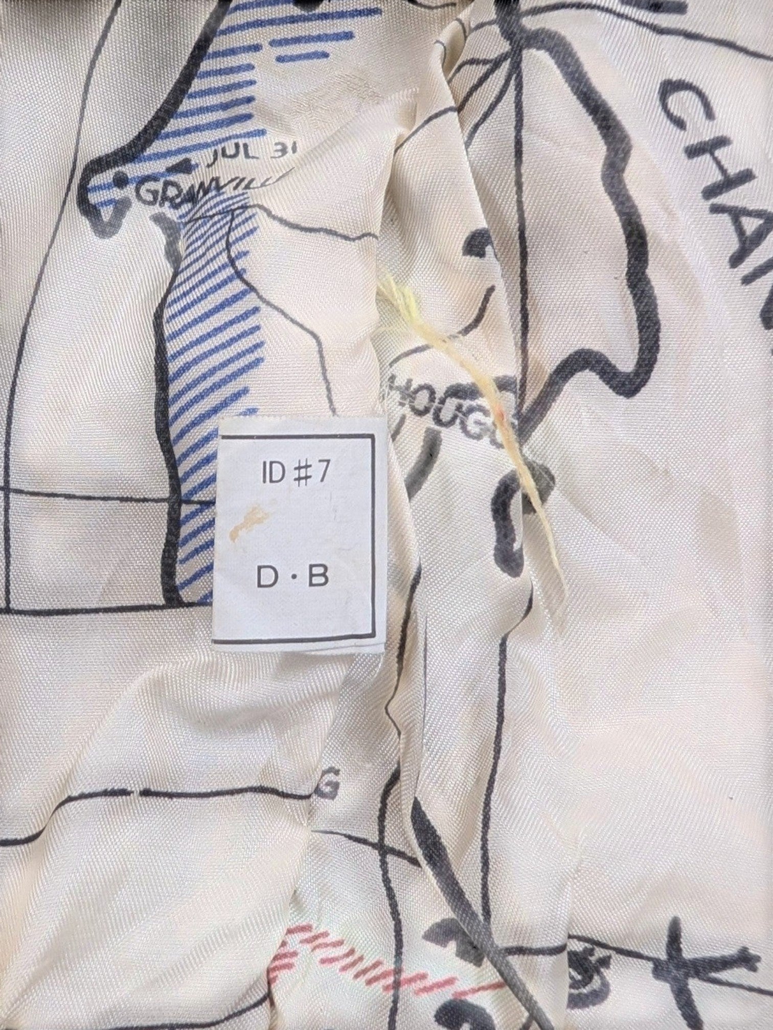 JAKE & IPI G-III leather fashion jacket lining with a cream-colored map print, featuring blue striped areas and parachute icons.