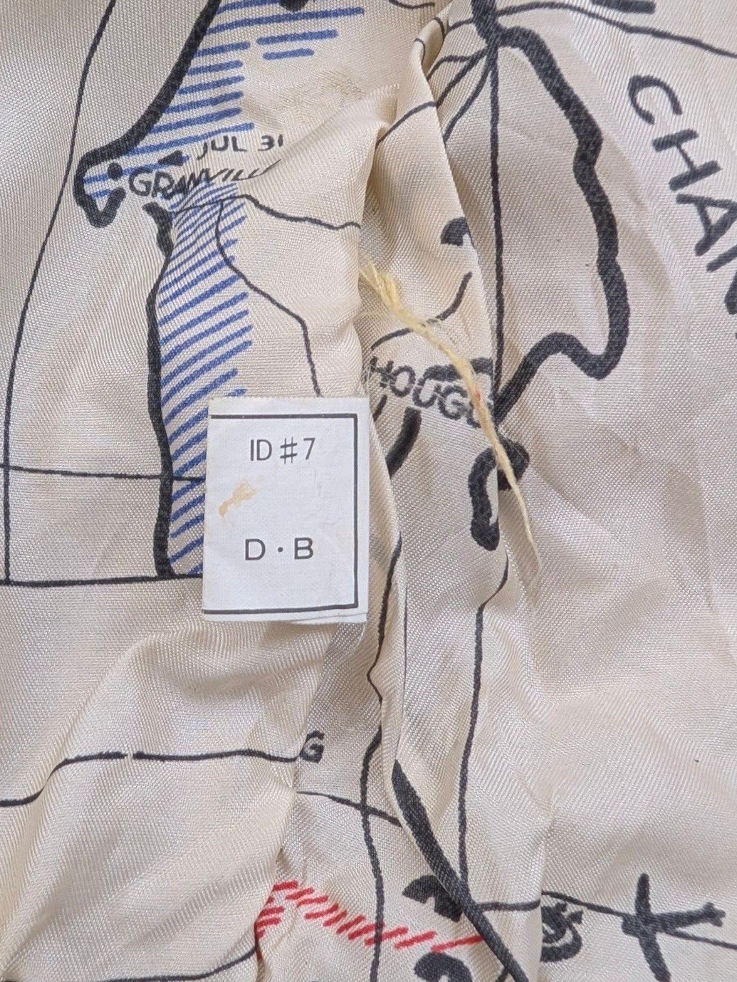 JAKE & IPI G-III leather fashion jacket lining with a cream-colored map print, featuring blue striped areas and parachute icons.