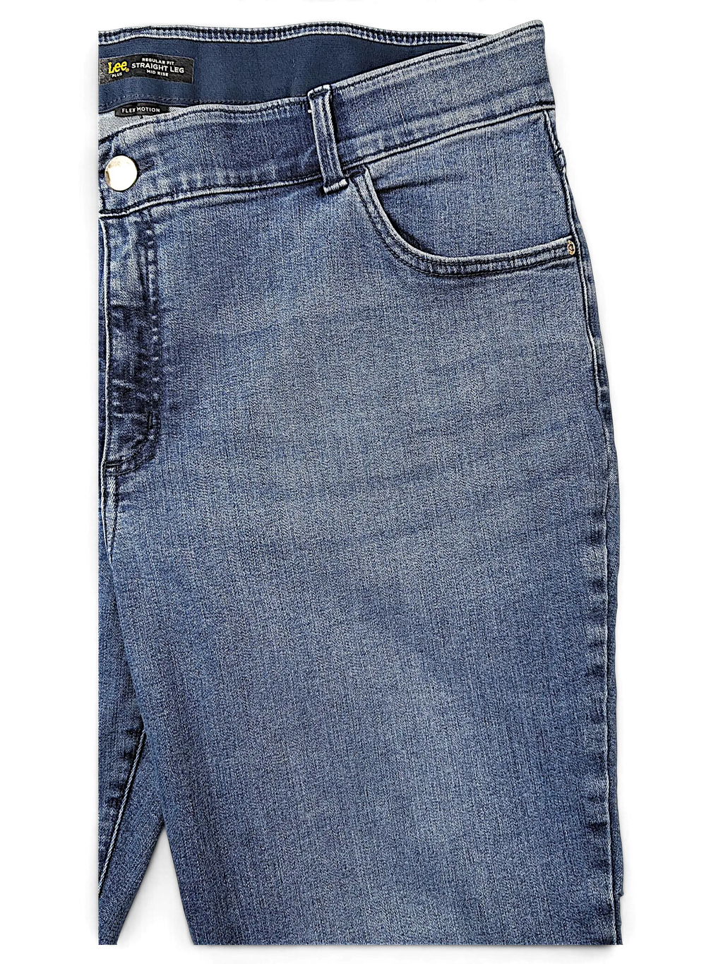 JAKE & IPI Lee Plus regular fit straight leg mid rise jeans in dark blue denim with a comfortable elastic waistband.