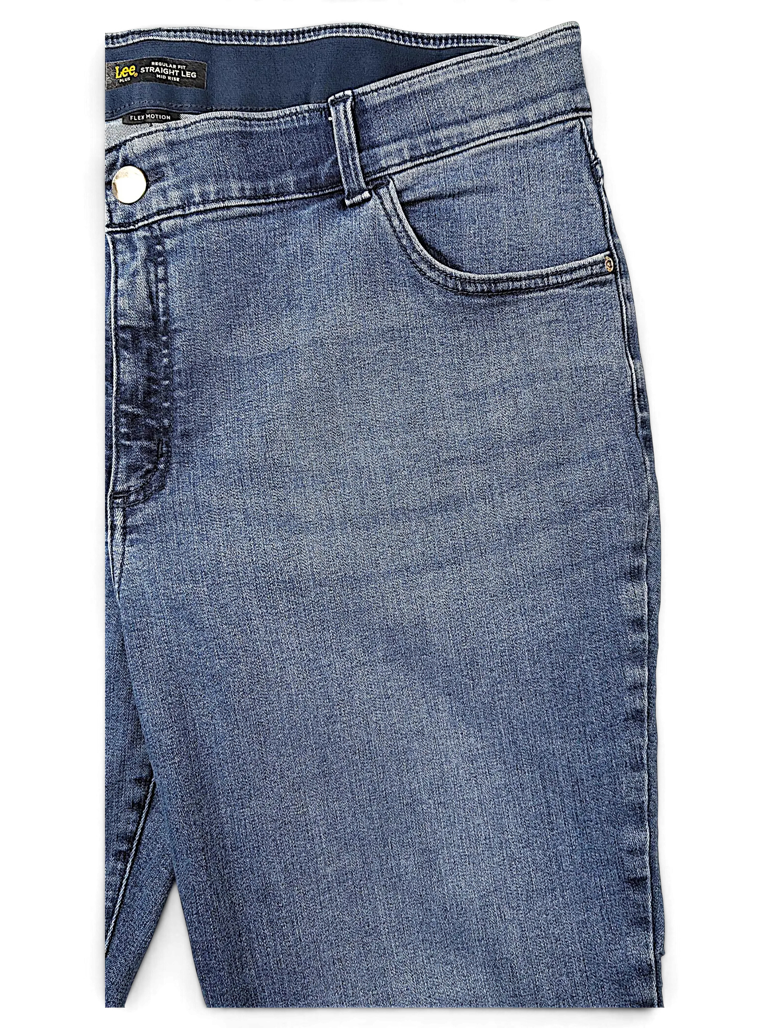 JAKE & IPI Lee Plus regular fit straight leg mid rise jeans in dark blue denim with a comfortable elastic waistband.