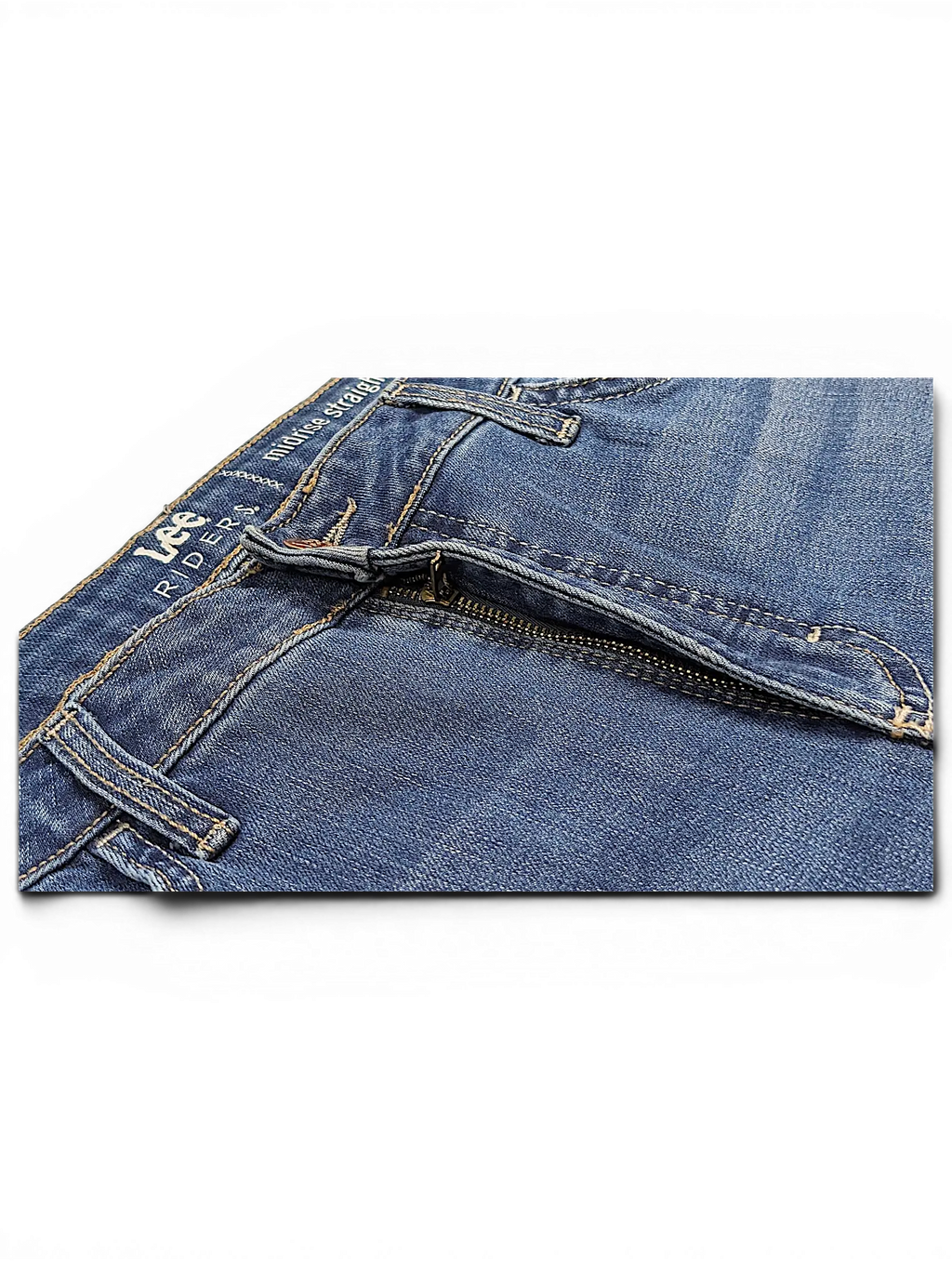 JAKE & IPI Lee Riders midrise straight blue denim jeans with zipper fly and contrast stitching