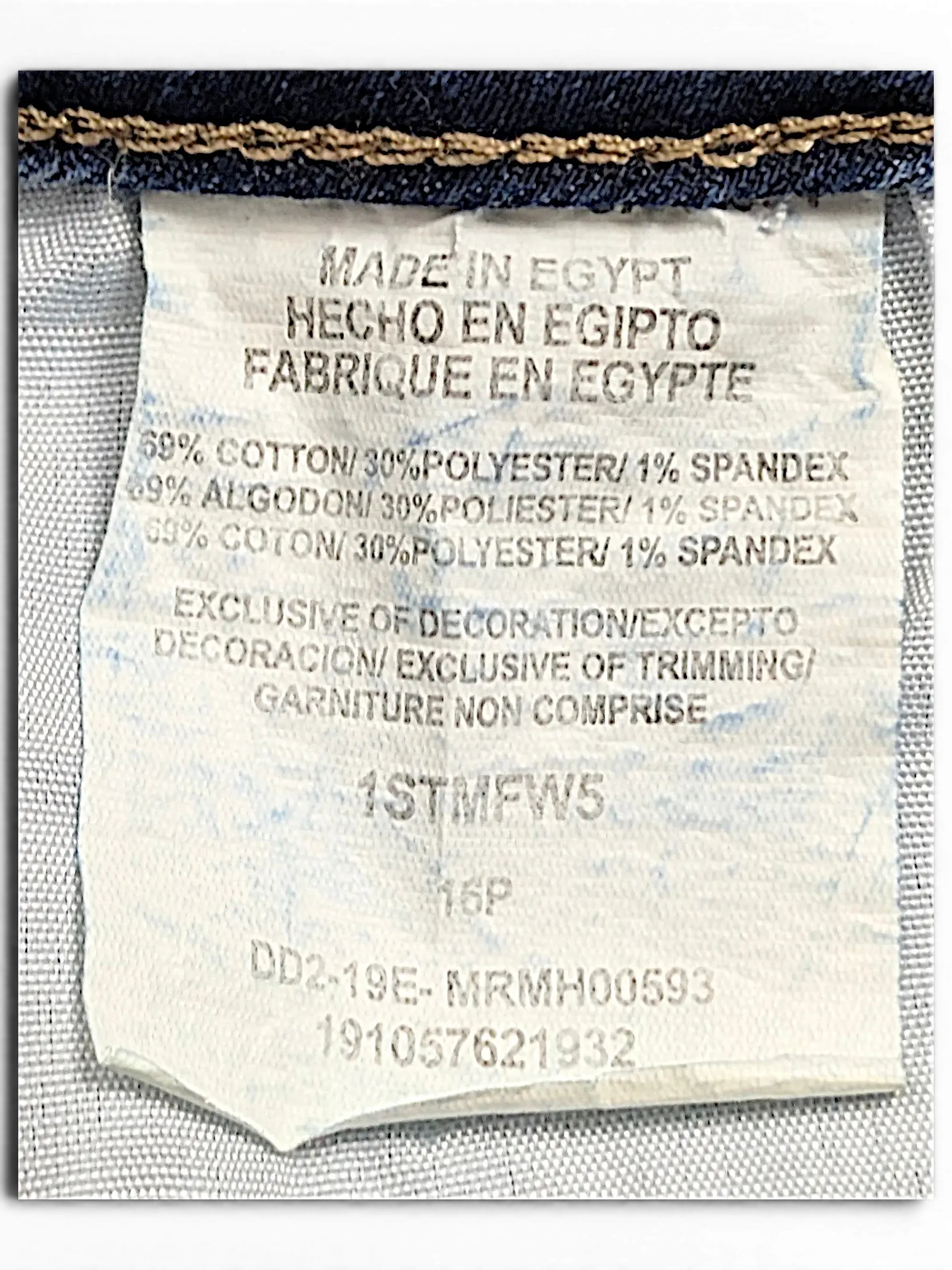 JAKE & IPI Lee Riders midrise straight jeans fabric care label showing cotton polyester and spandex blend
