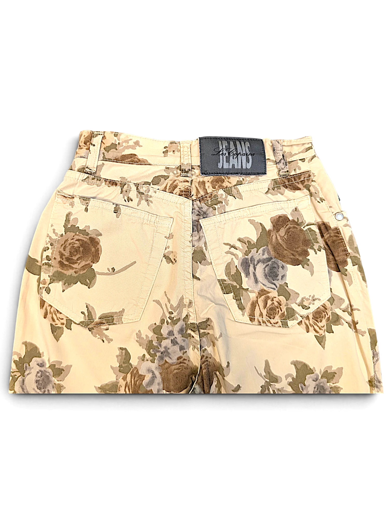 JAKE & IPI pre-owned Les Copains beige trousers featuring a tonal floral pattern and back pocket detail.