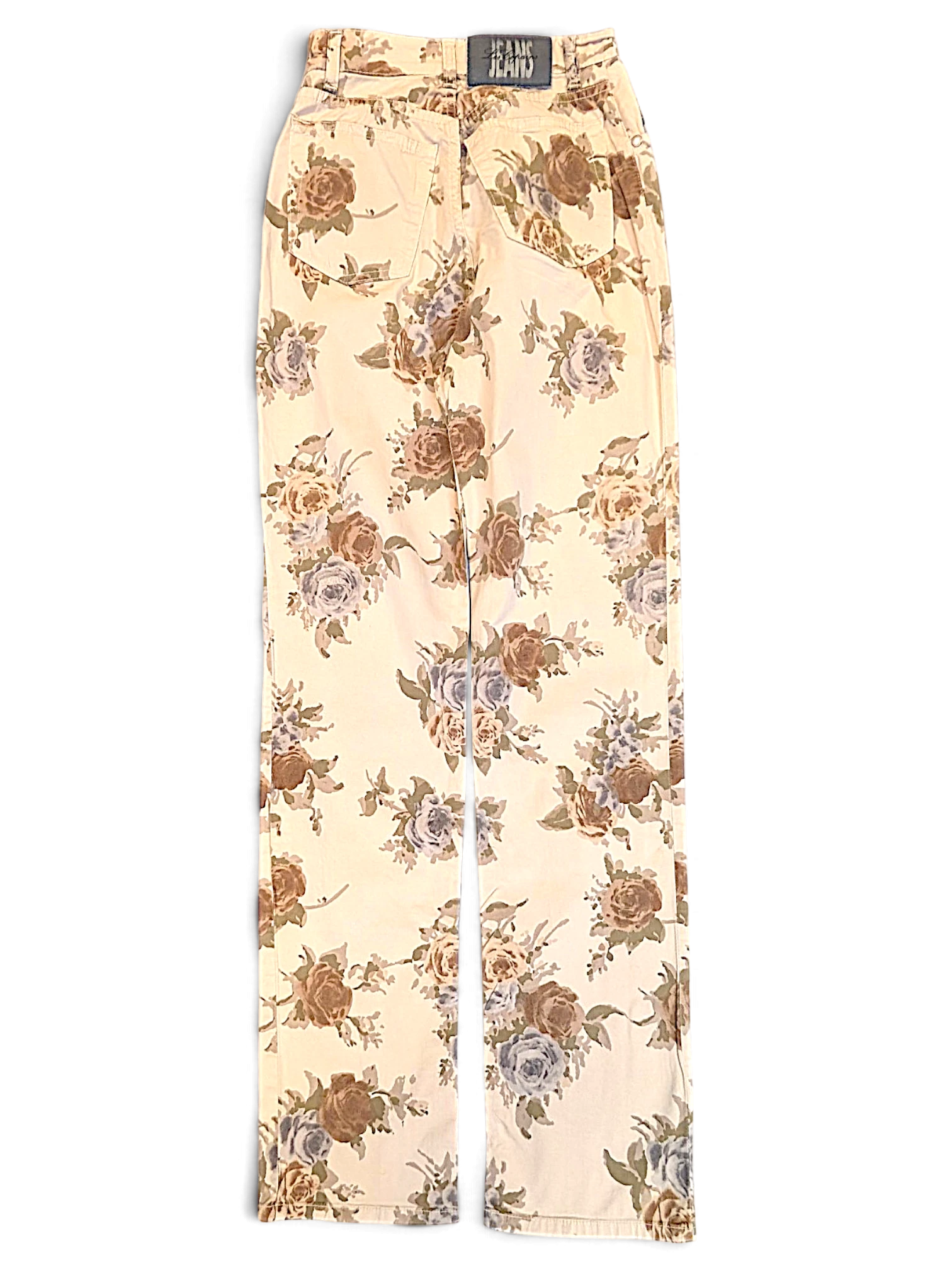 JAKE & IPI pre-owned Les Copains beige trousers featuring a tonal floral pattern and slim straight-leg silhouette.