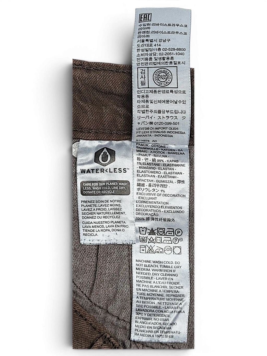 JAKE & IPI Levi's 511 brown jeans interior care label with fabric composition and washing instructions