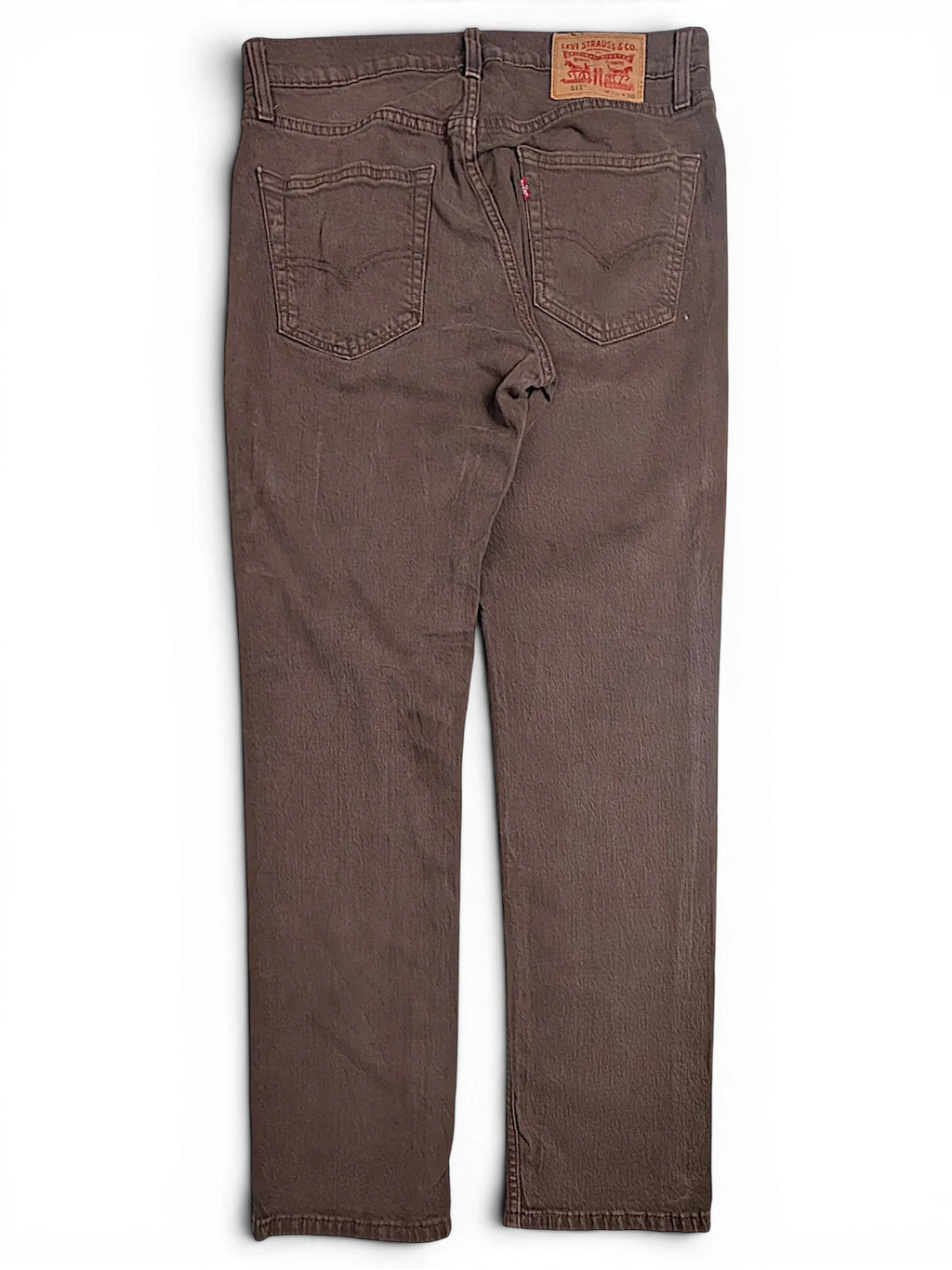 JAKE & IPI Levi's 511 brown slim fit jeans, back view showing leather patch and signature back pockets.