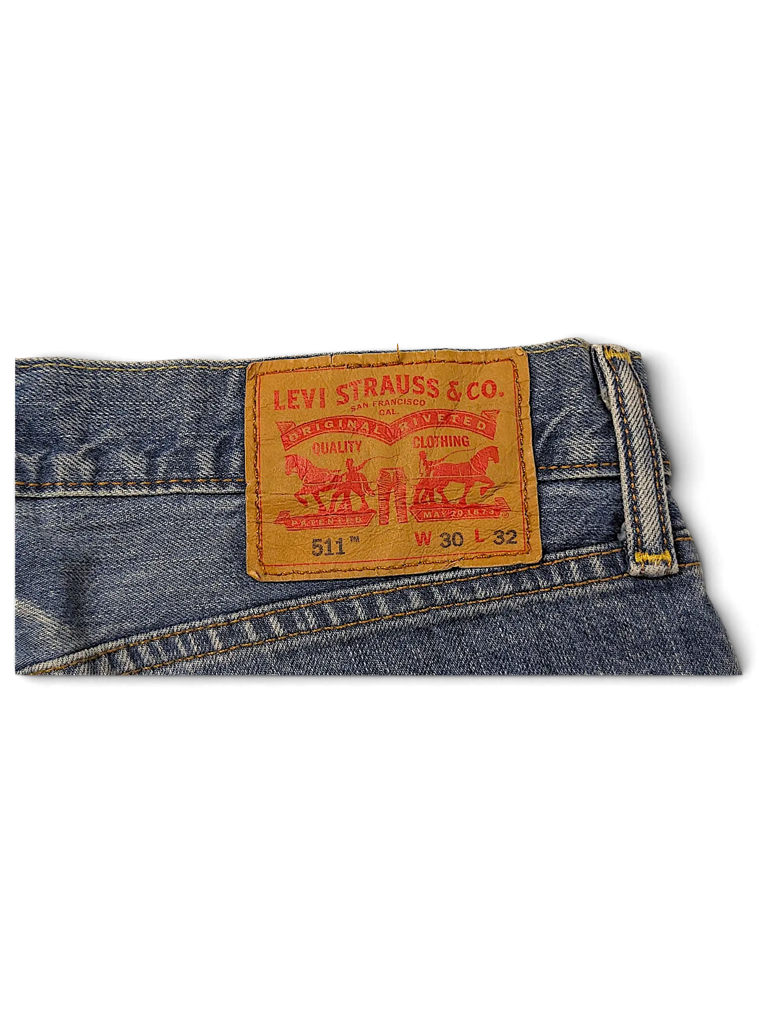 JAKE & IPI Levi's 511 blue denim jeans leather back patch showing size W30 L32