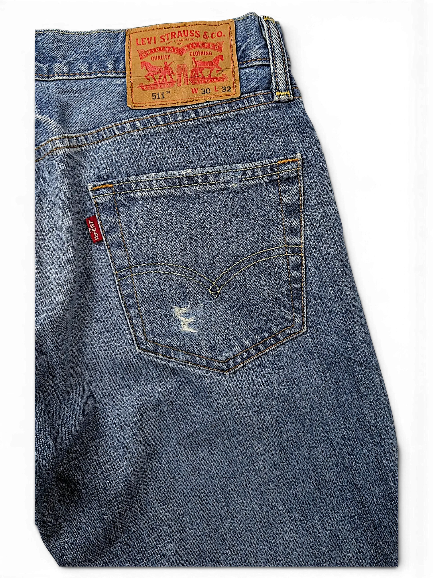 JAKE & IPI Levi's 511 slim fit blue denim jeans with back pocket distressing and leather brand patch