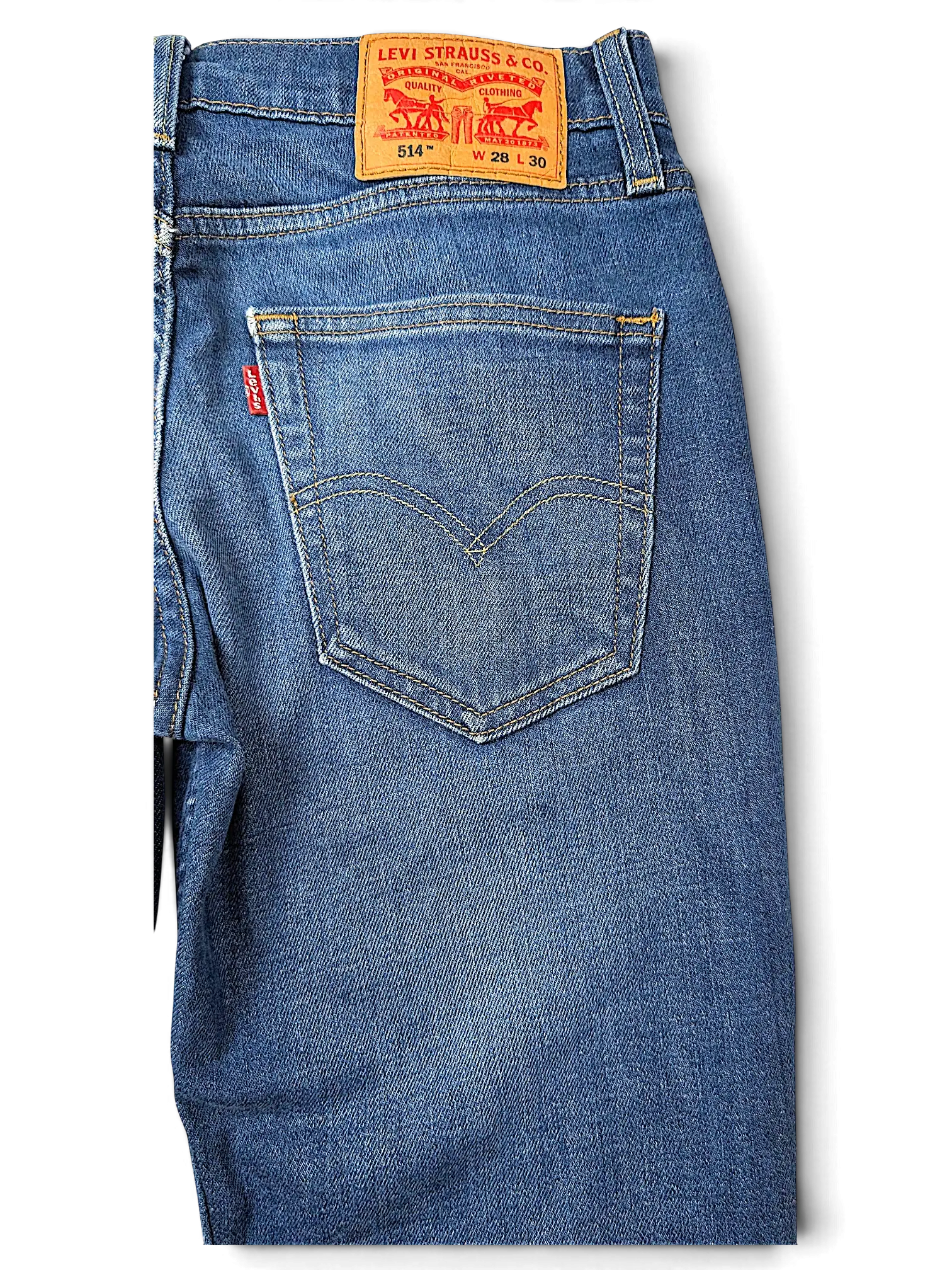 JAKE & IPI Levi's 514 blue denim jeans featuring a back pocket with signature stitching and a leather waist patch.