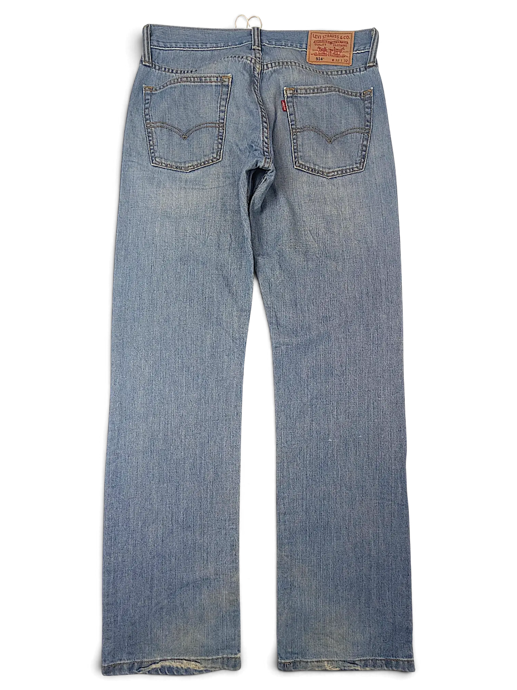 Back view of JAKE & IPI Levi's 514 light wash denim jeans featuring a classic five-pocket design and leather patch.