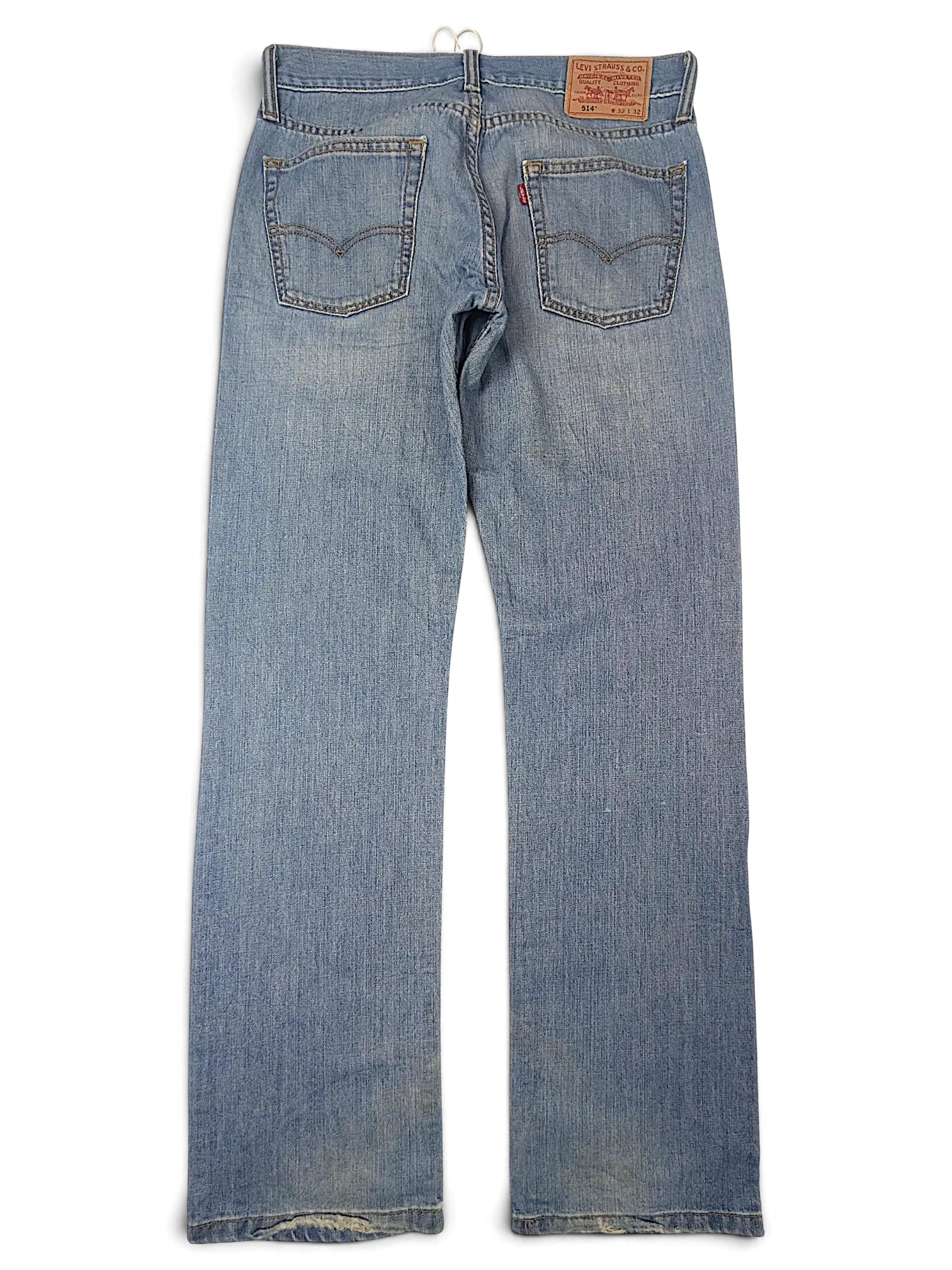 Back view of JAKE & IPI Levi's 514 light wash denim jeans featuring a classic five-pocket design and leather patch.