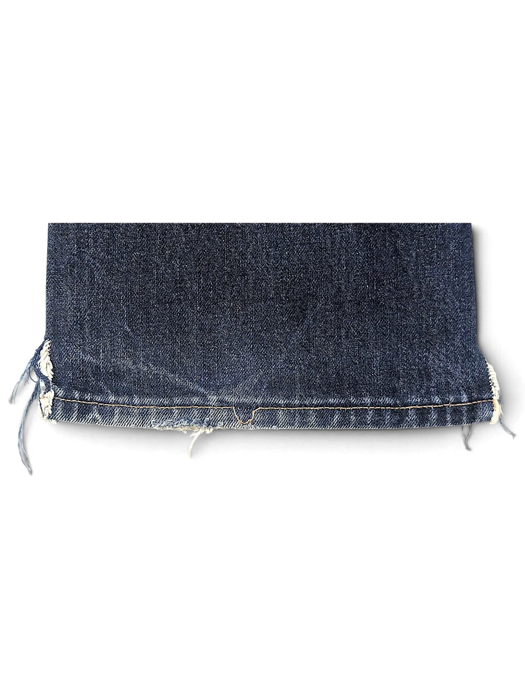JAKE & IPI Levi's 555 dark wash denim jeans hem with frayed distressed detailing on a black background