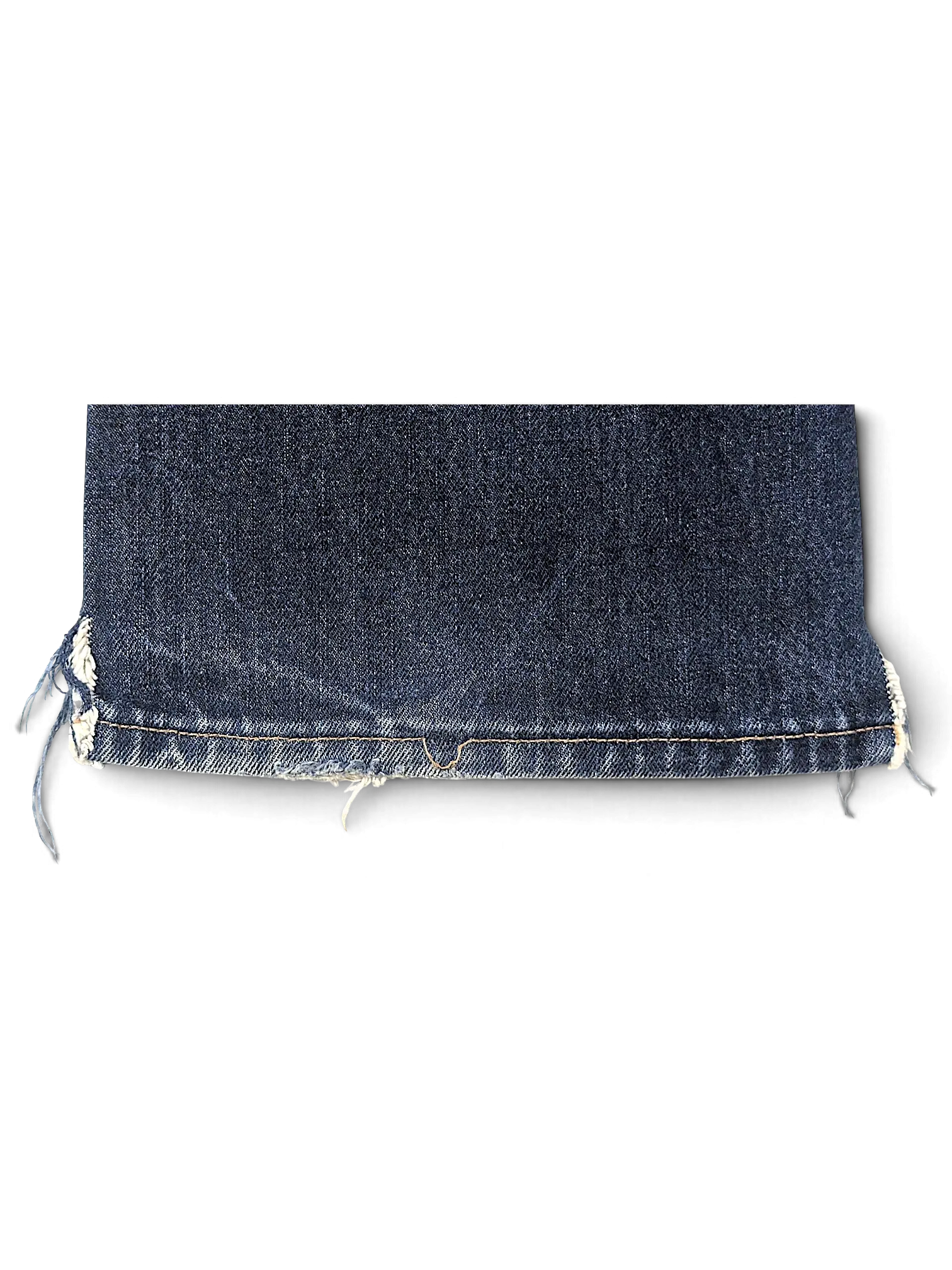 JAKE & IPI Levi's 555 dark wash denim jeans hem with frayed distressed detailing on a black background