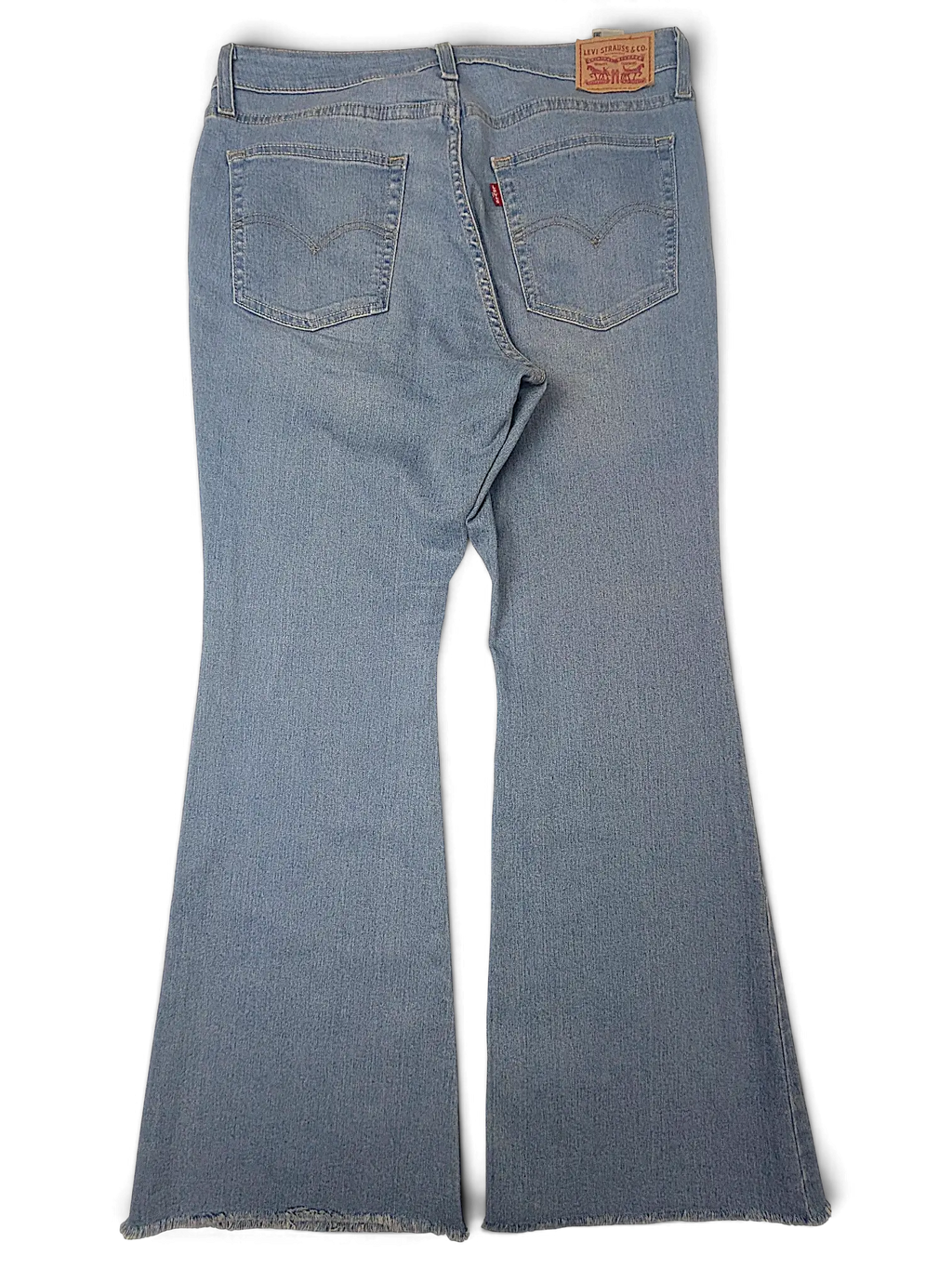 JAKE & IPI Levi's 726 light wash flare jeans with five-pocket construction and frayed hem, back view.