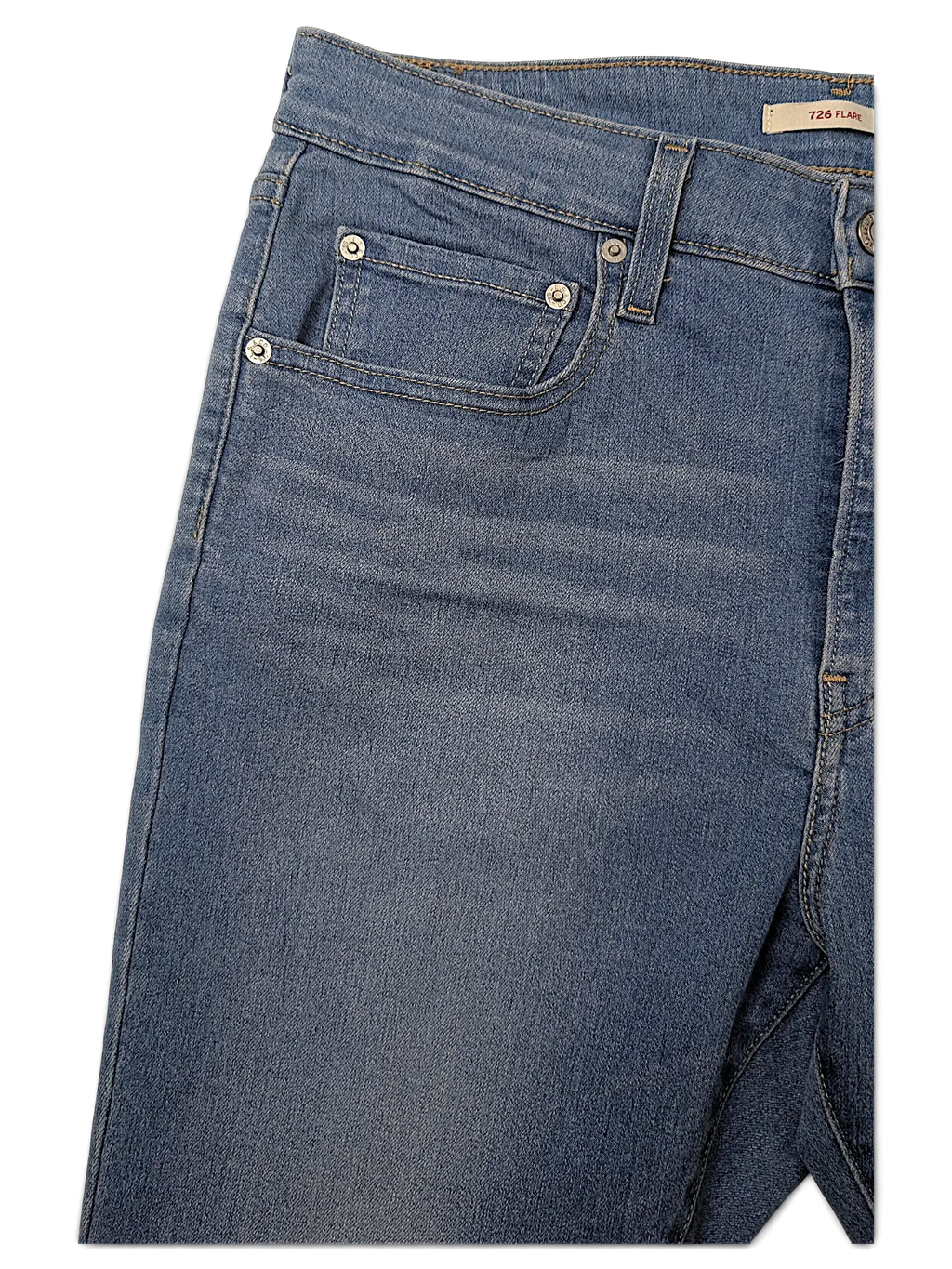 JAKE & IPI Levi's 726 Flare jeans in medium blue denim with classic five-pocket construction and metal rivets.