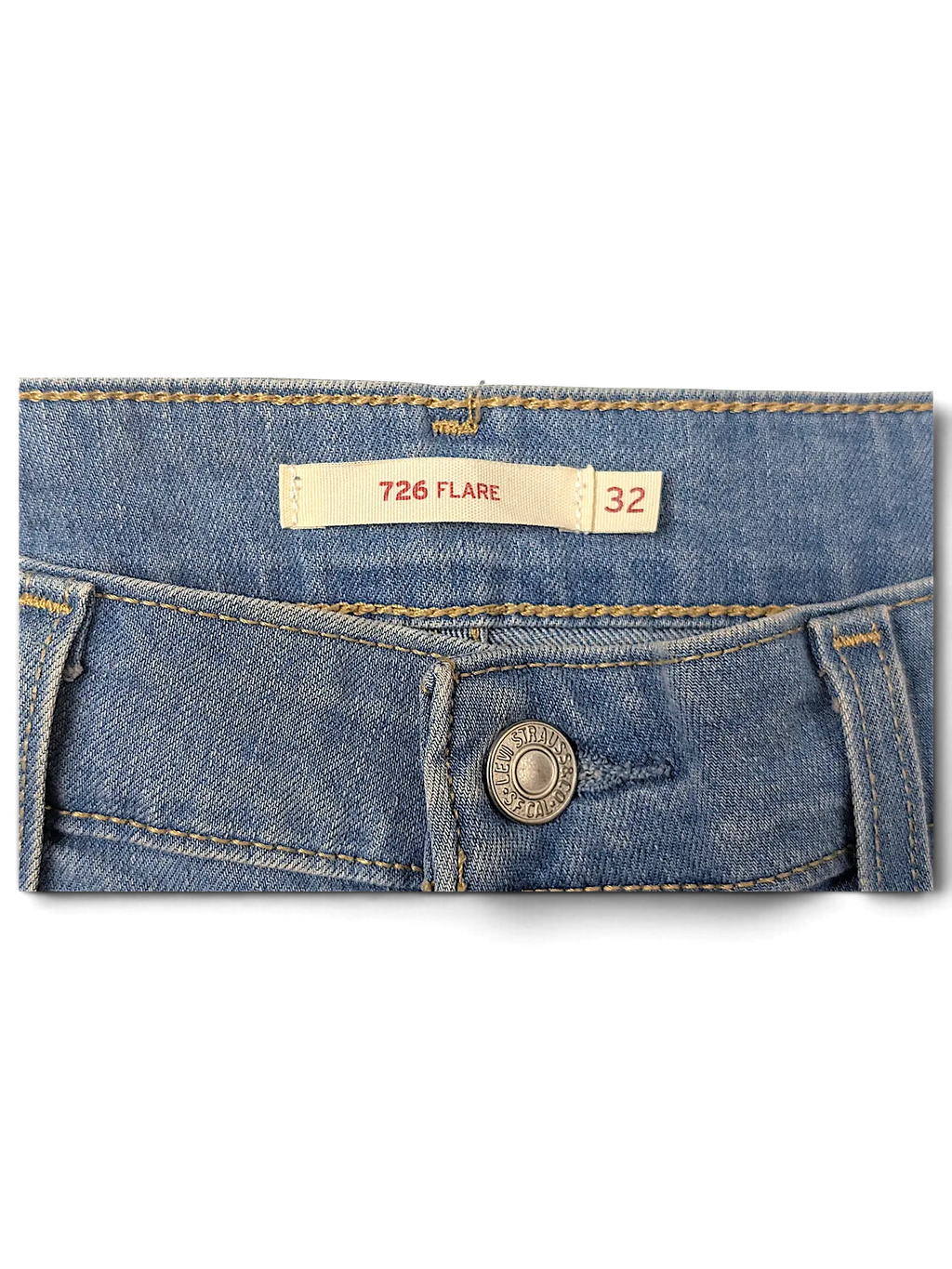 JAKE & IPI Levi's 726 Flare jeans waist detail with branded button and size 32 label in light blue denim
