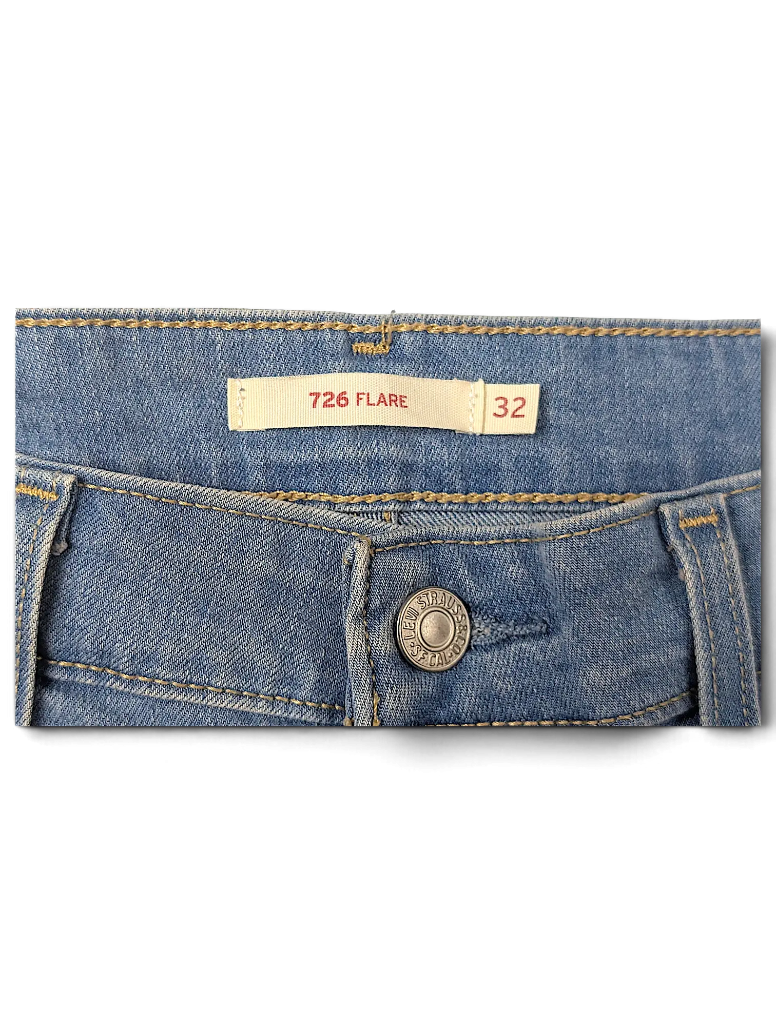 JAKE & IPI Levi's 726 Flare jeans waist detail with branded button and size 32 label in light blue denim