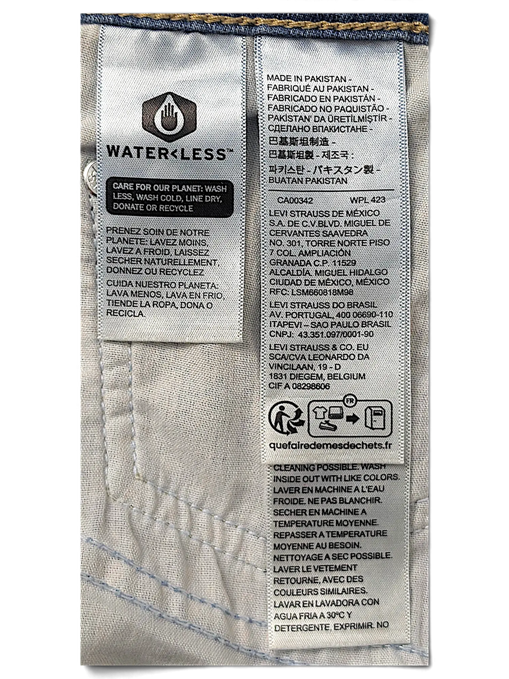 JAKE & IPI Levi's 726 flare jeans interior care and origin label with Water Less branding