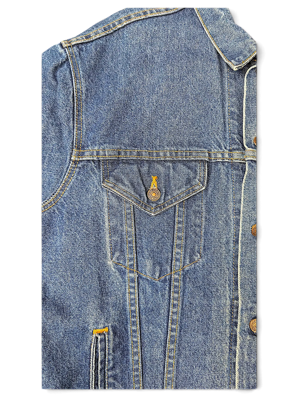 JAKE & IPI Levi's tagless blue denim jacket featuring a chest pocket with button closure and contrast stitching.
