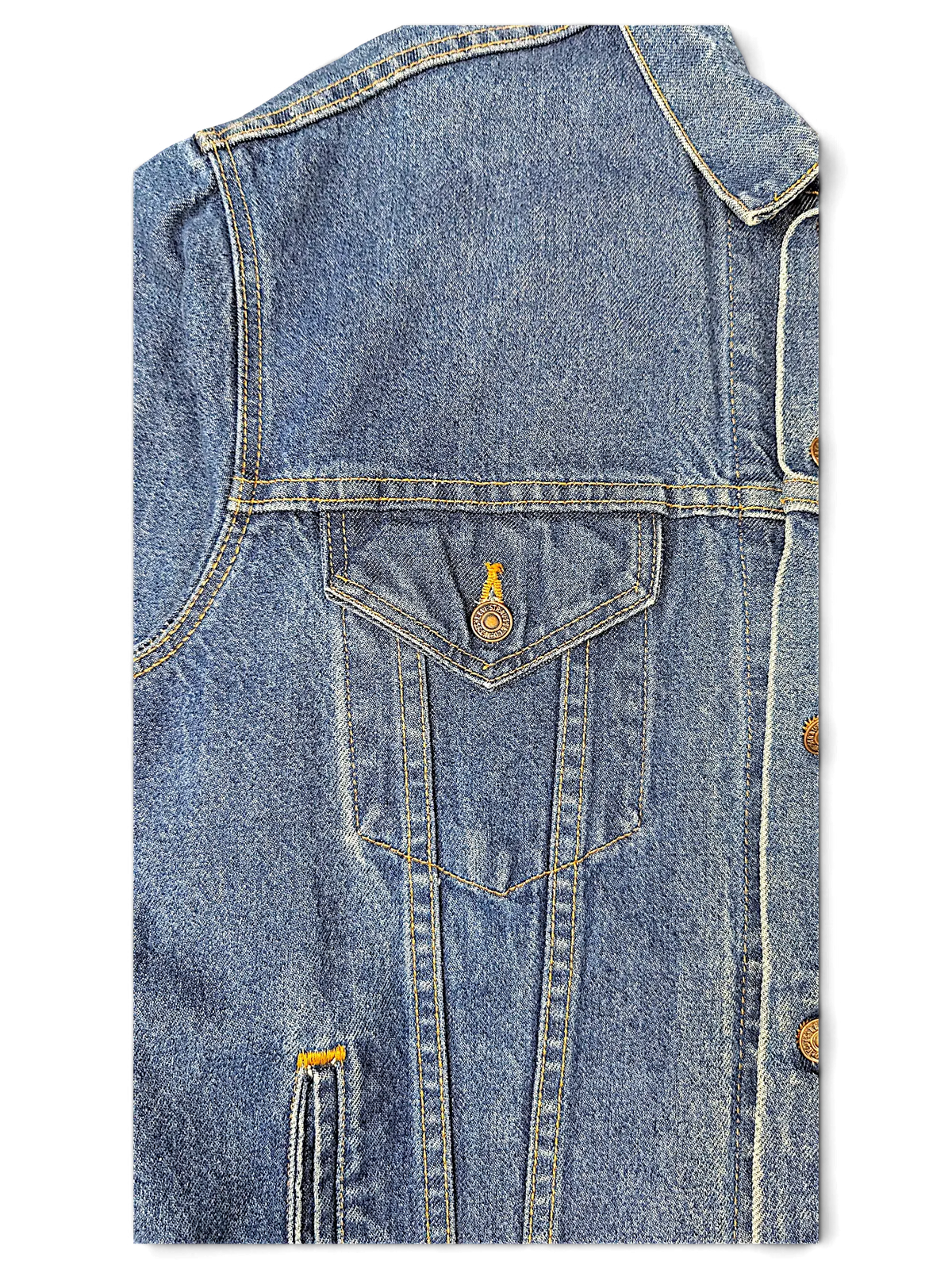 JAKE & IPI Levi's tagless blue denim jacket featuring a chest pocket with button closure and contrast stitching.
