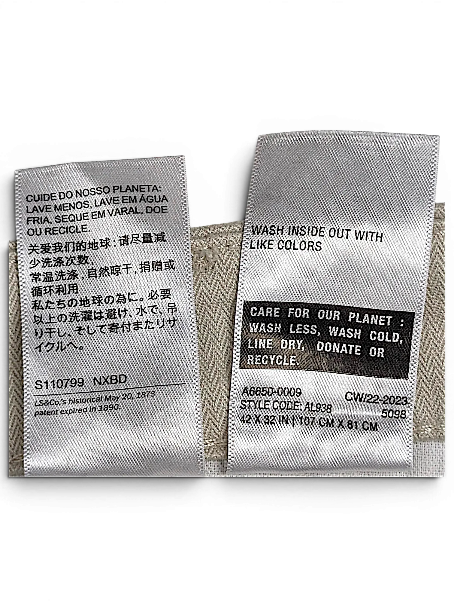 JAKE & IPI Levi's XX Chino 511 care labels showing washing instructions in multiple languages on beige fabric