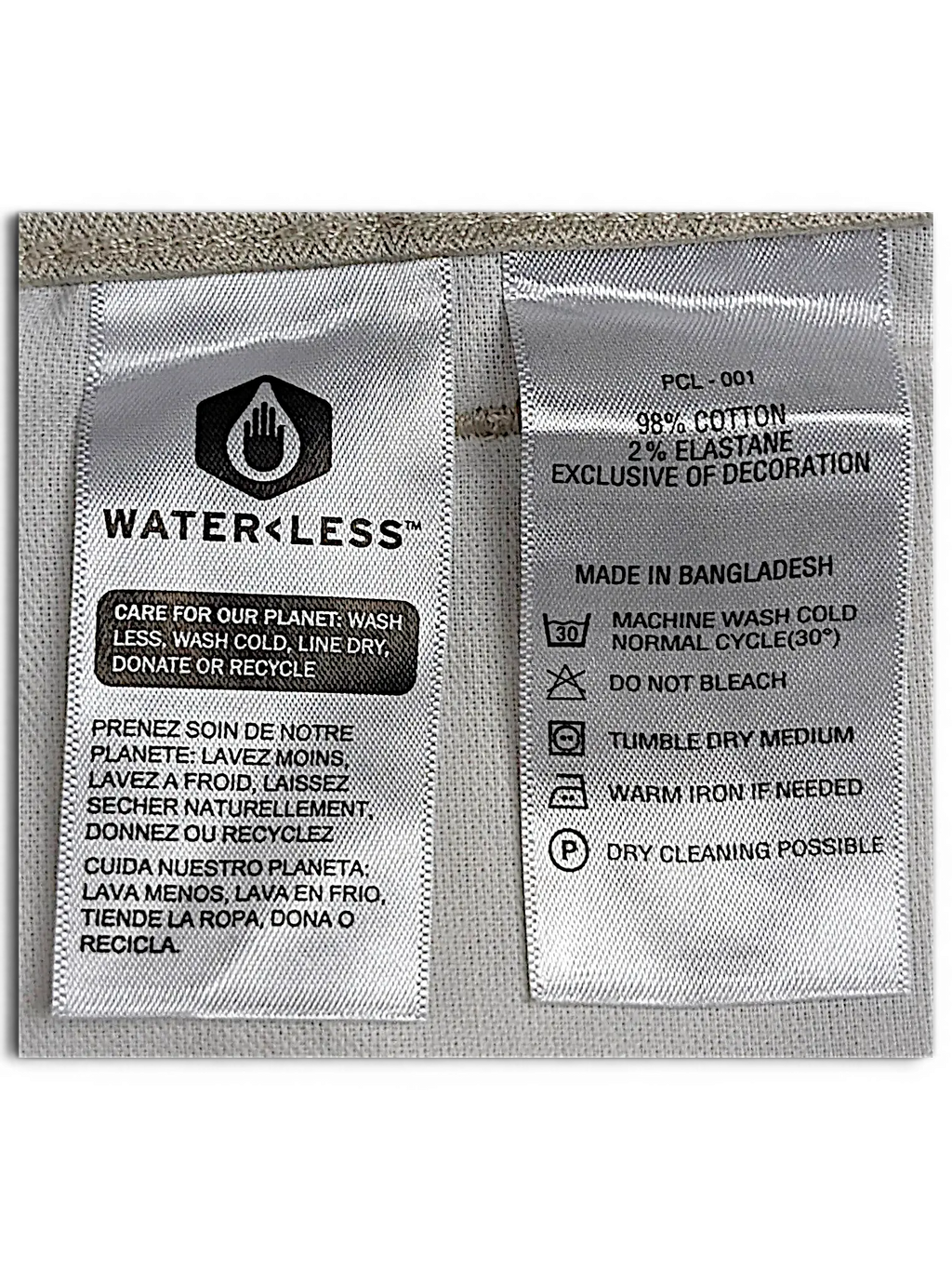 JAKE & IPI Levi's XX Chino 511 care labels showing 98 percent cotton and 2 percent elastane fabric composition