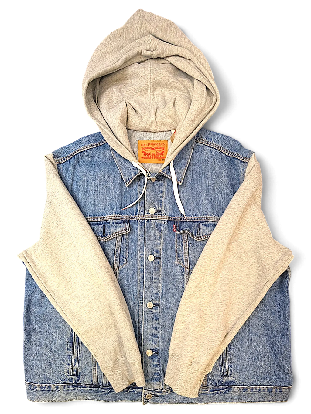 JAKE & IPI Levi's denim jacket with grey jersey hood and sleeves, featuring a classic button-up front design.