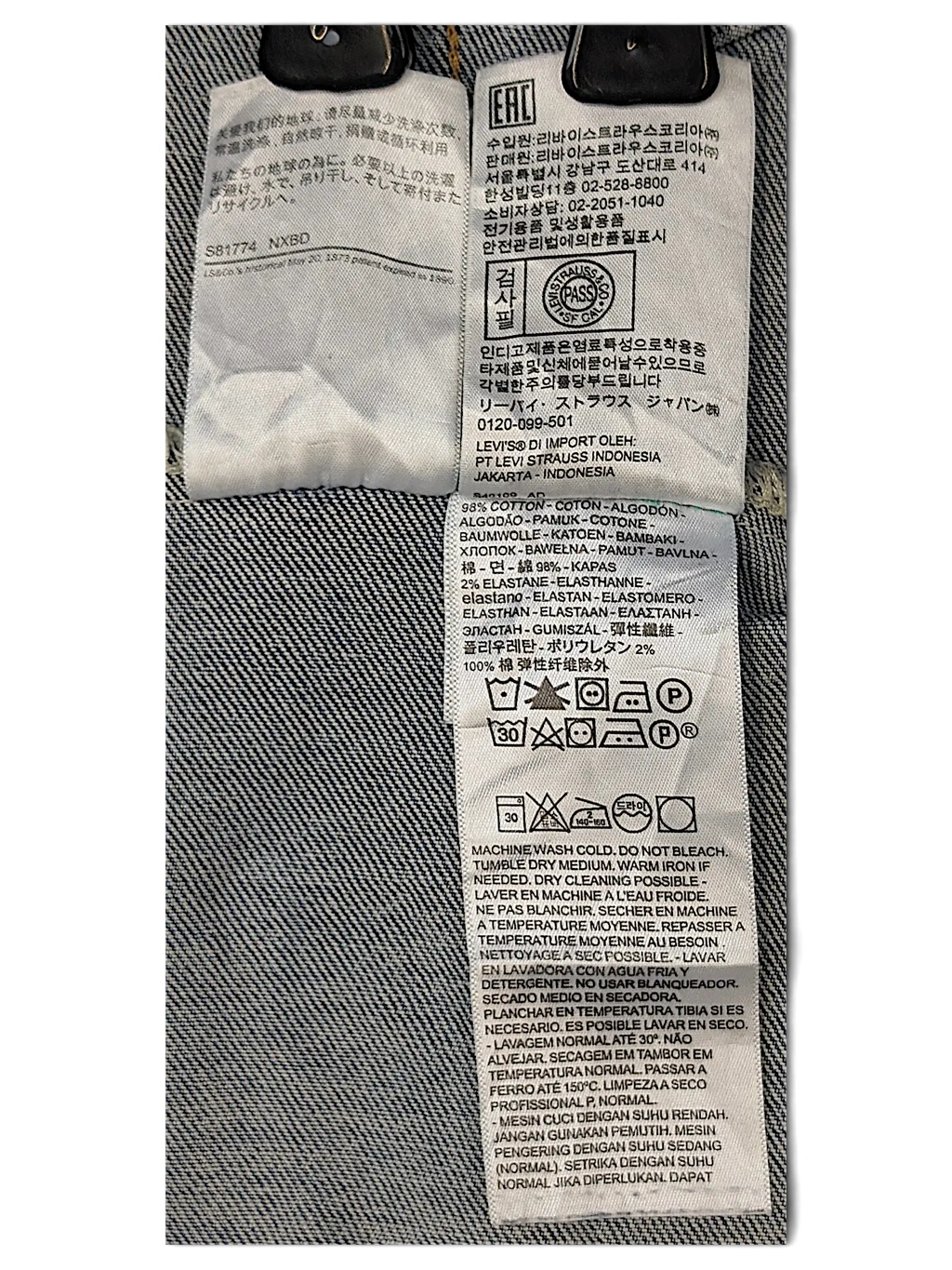 JAKE & IPI Levi's 5198 denim jacket care label with fabric composition and washing instructions in multiple languages