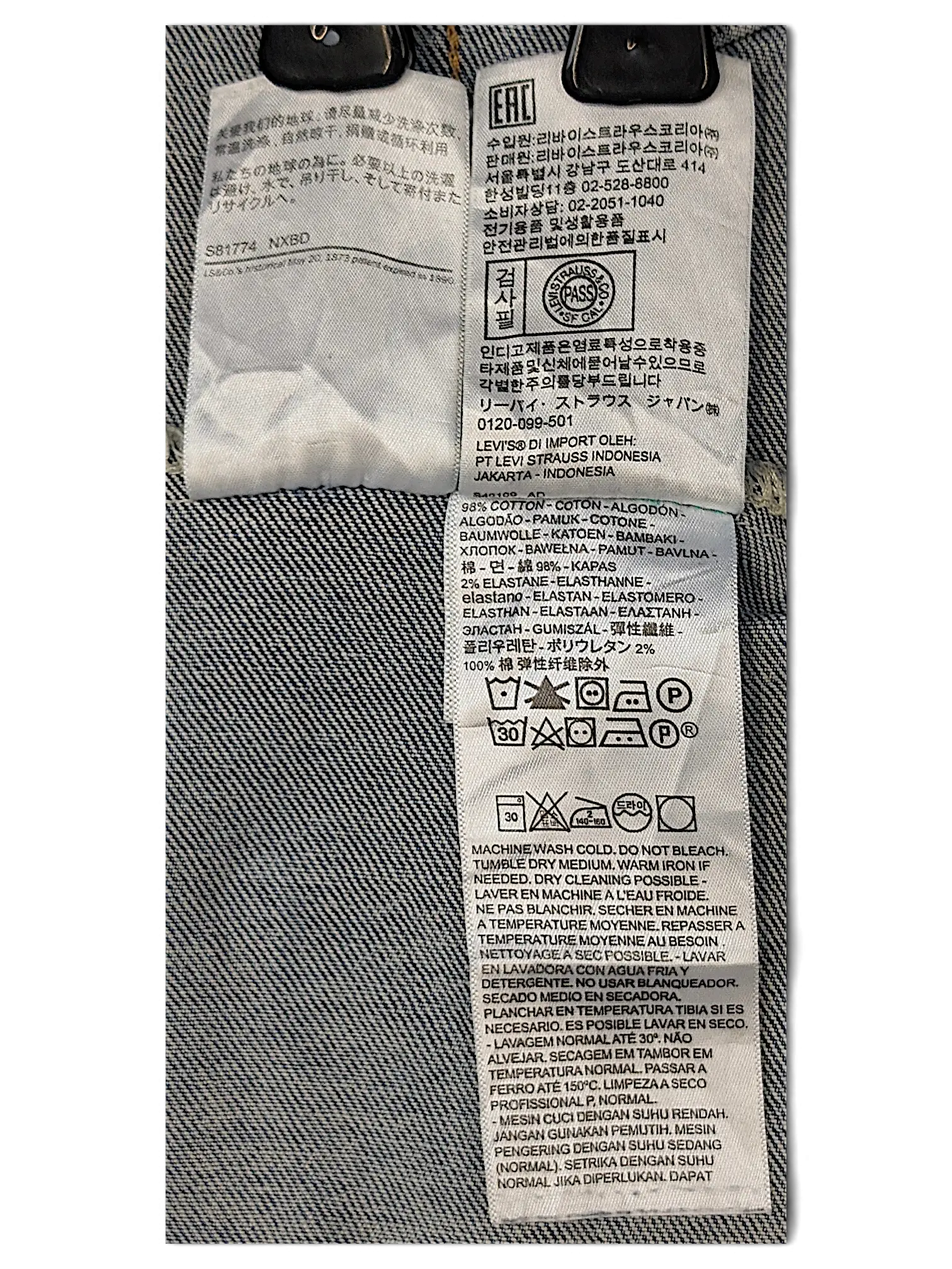 JAKE & IPI Levi's 5198 denim jacket care label with fabric composition and washing instructions in multiple languages