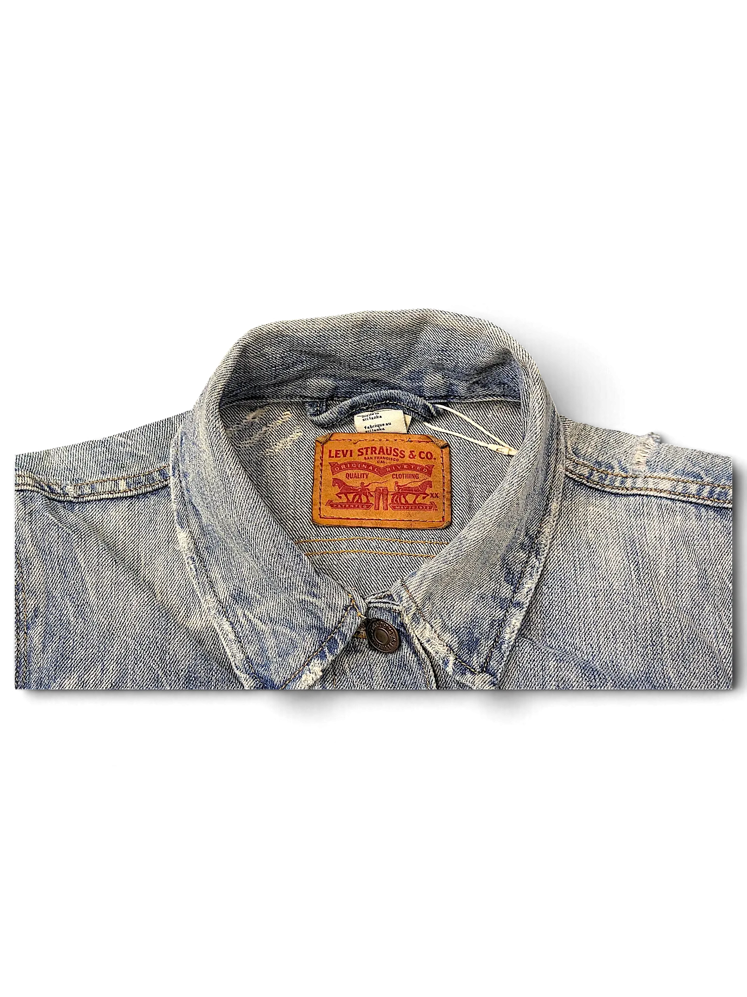 JAKE & IPI Levi's Strauss light wash denim jacket with classic brown leather brand patch on the inner collar