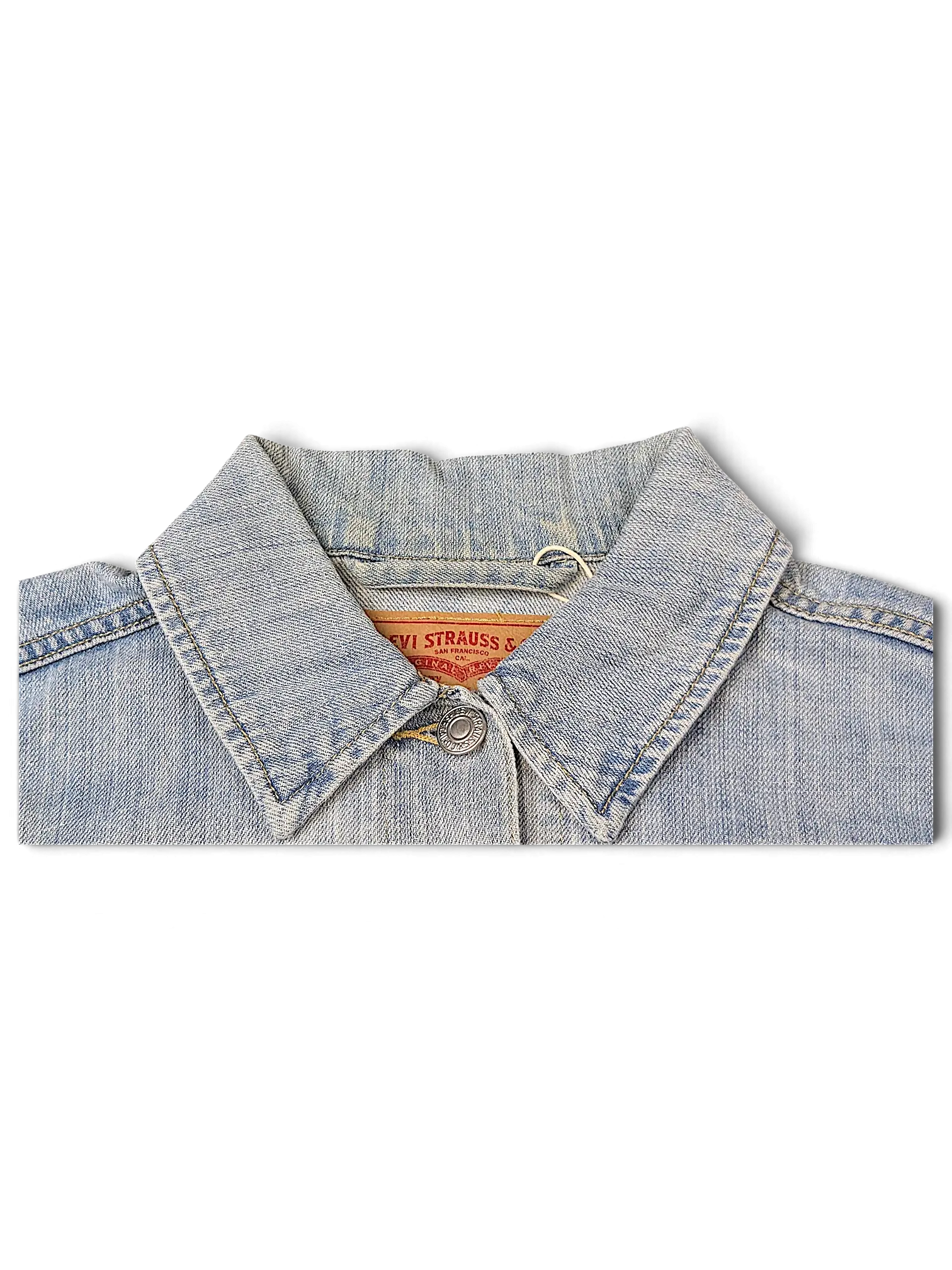 JAKE & IPI Levi's Strauss light wash denim jacket collar with iconic red brand label and silver button detail