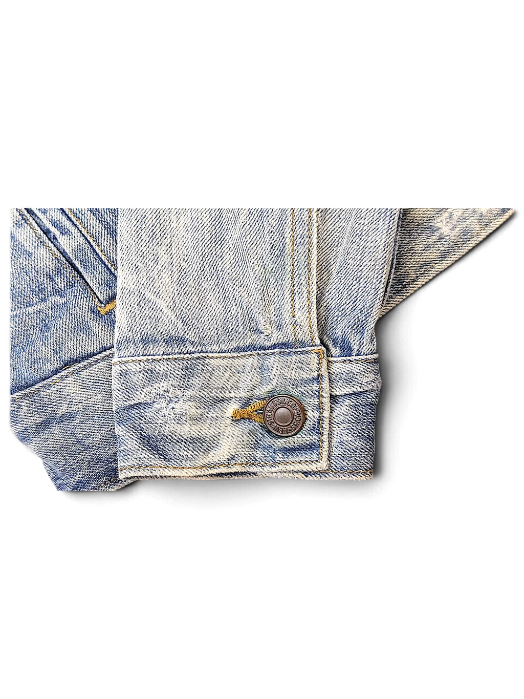 JAKE & IPI Levi's Strauss girls denim jacket sleeve cuff with distressed light wash fabric and branded metal button