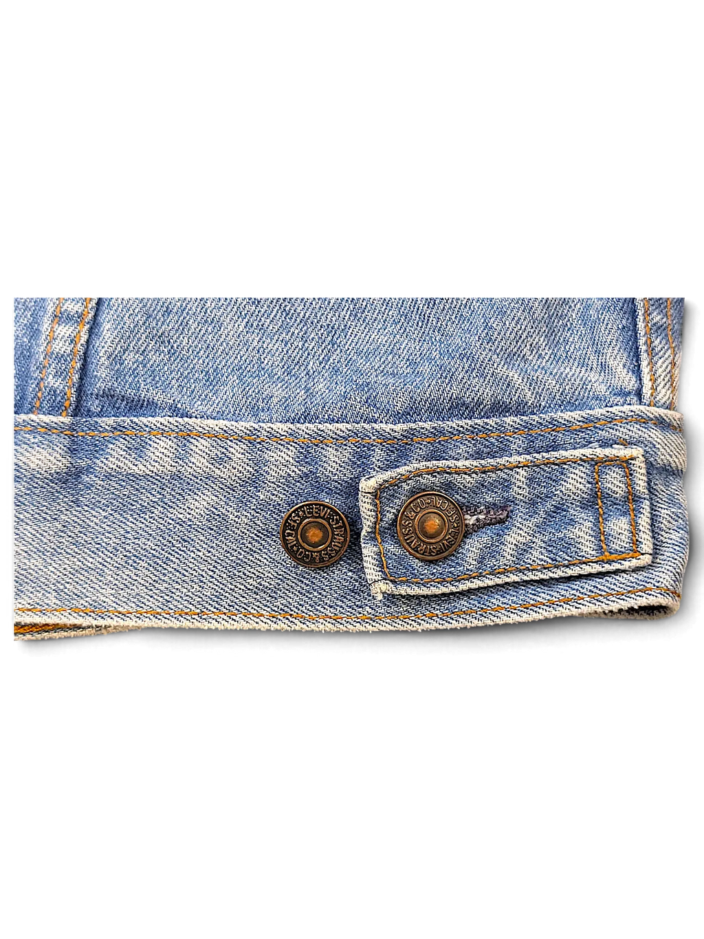 JAKE & IPI vintage light wash denim jacket hem detail with Levi's branded metal buttons