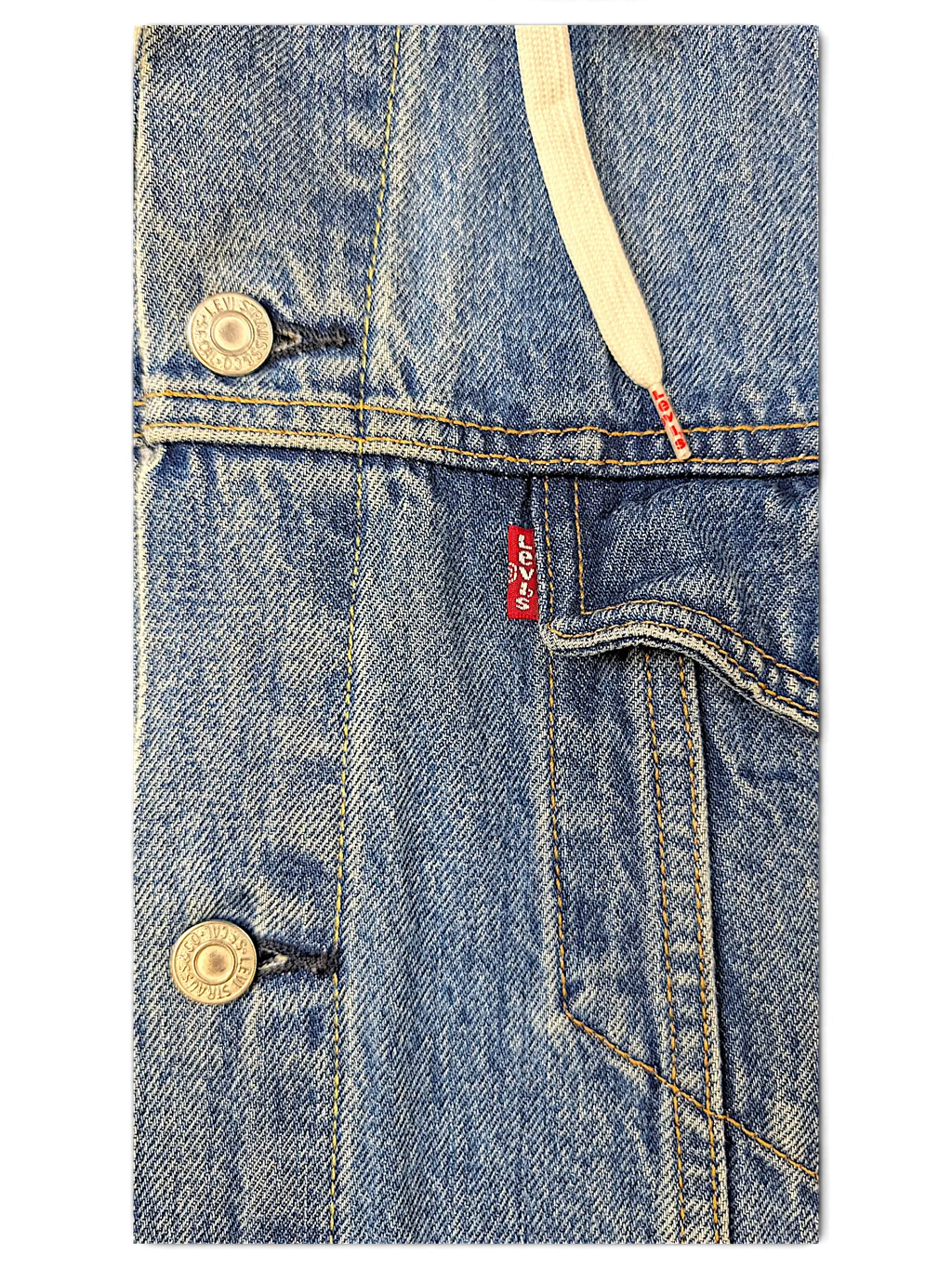 JAKE & IPI Levi's denim jacket featuring a light blue wash, metal buttons, and a drawstring hood detail.