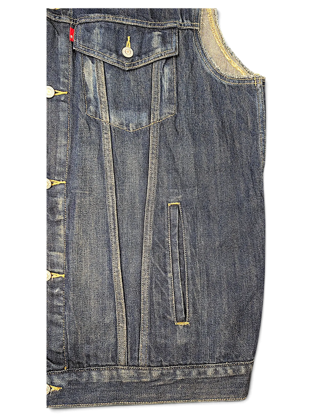 JAKE & IPI Levi's denim vest in dark blue wash with contrast stitching, button-down front, and chest pocket detail.