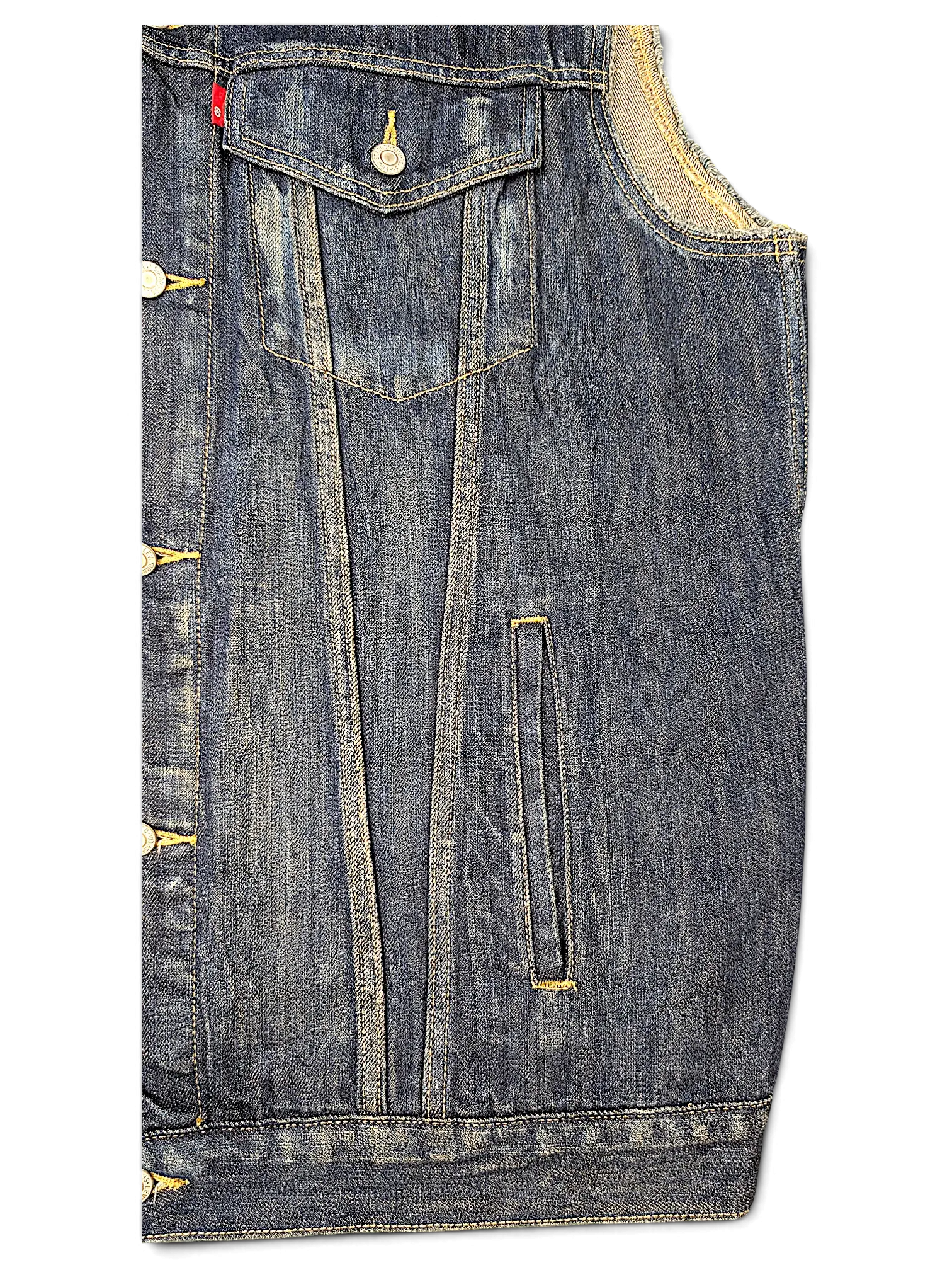 JAKE & IPI Levi's denim vest in dark blue wash with contrast stitching, button-down front, and chest pocket detail.