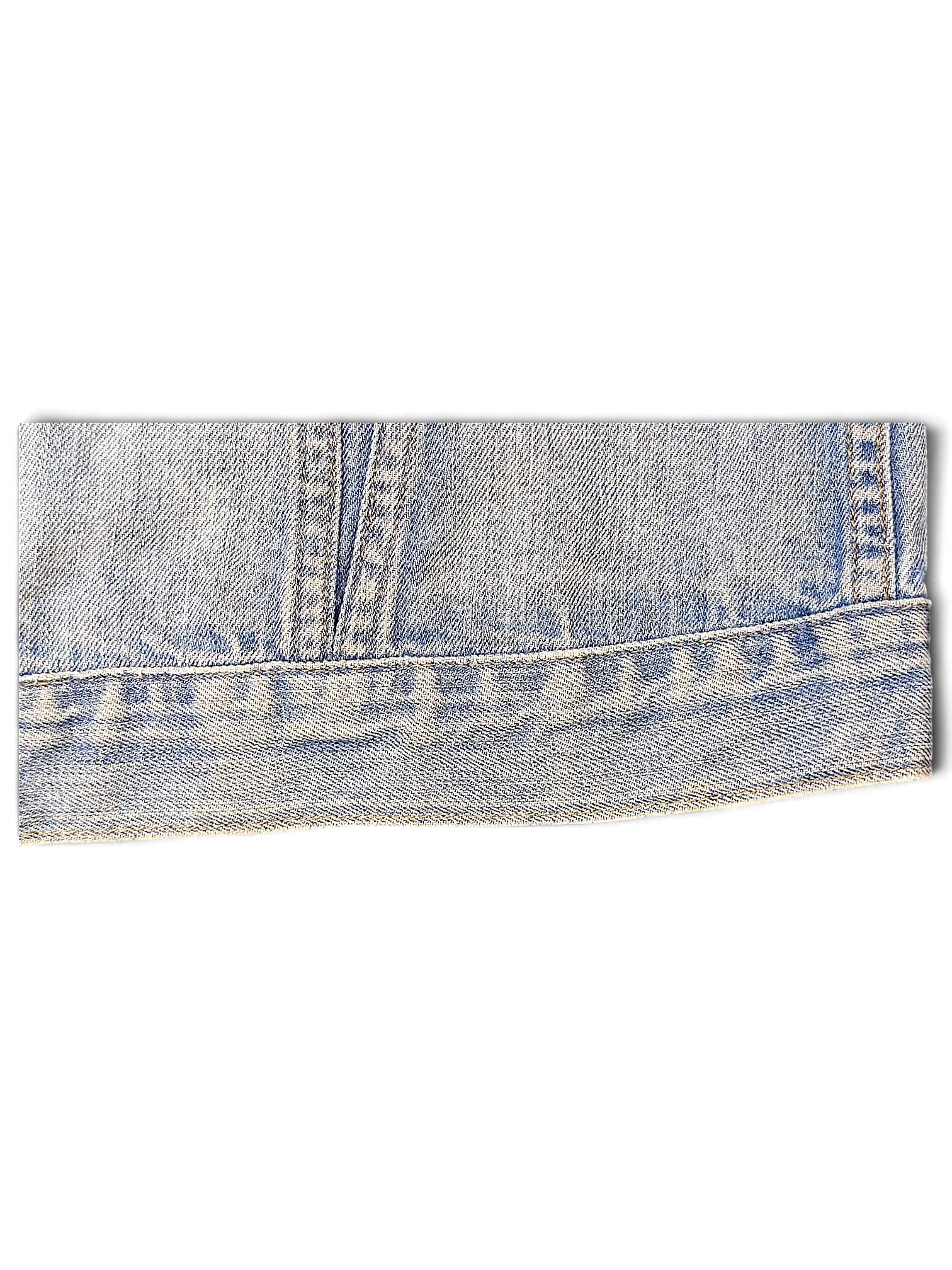 JAKE & IPI Levi's distressed light wash denim jacket hem detail showing classic stitching and worn fabric texture.
