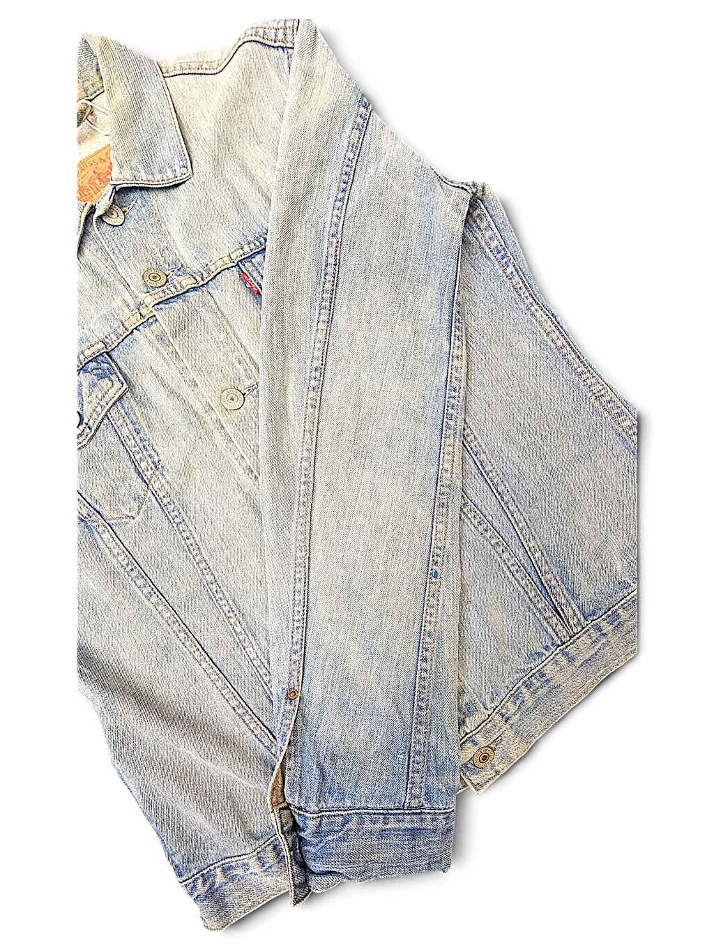 JAKE & IPI Levi's light wash distressed denim jacket with classic button-up front and metal hardware details.