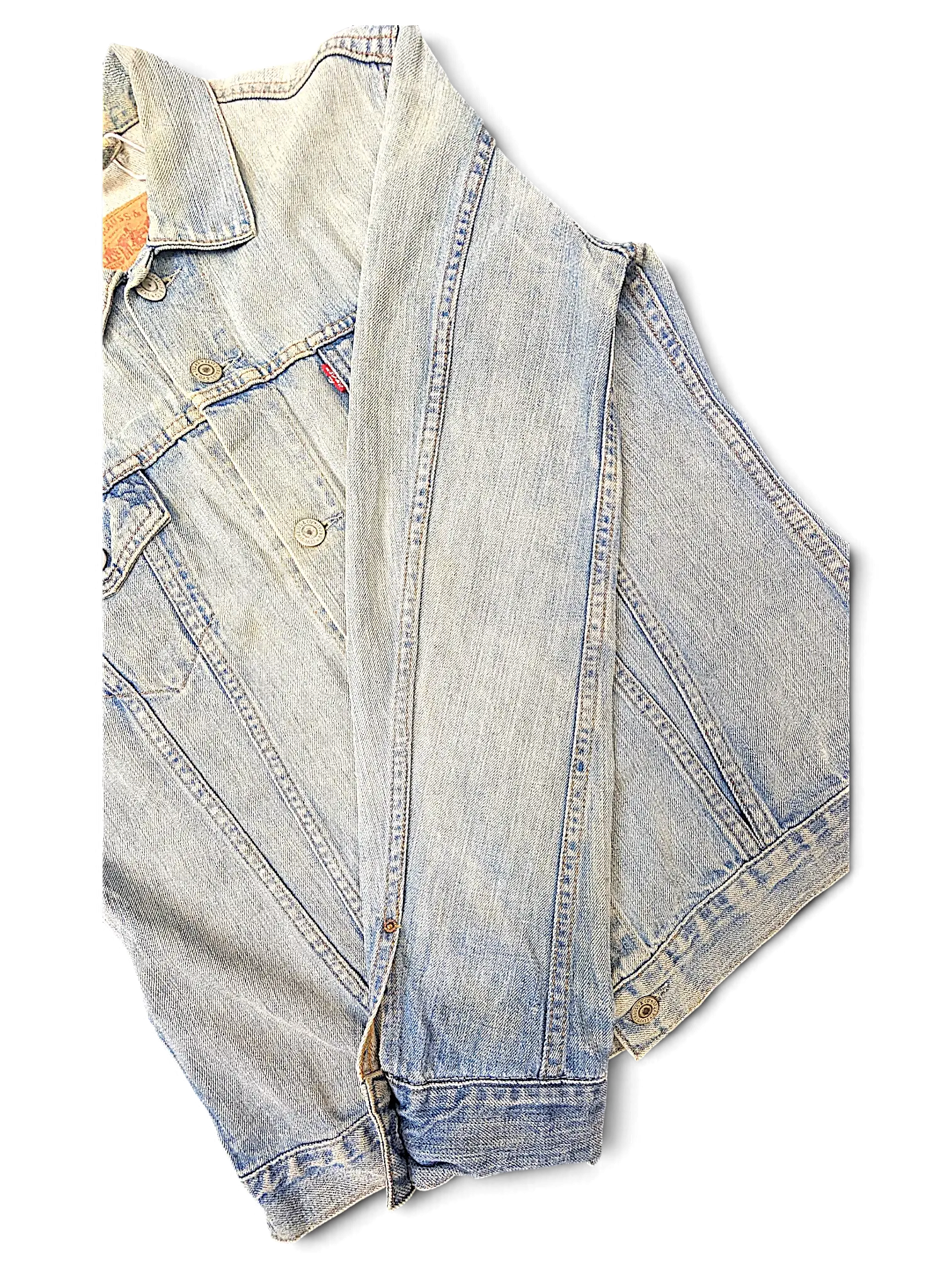 JAKE & IPI Levi's light wash distressed denim jacket with classic button-up front and metal hardware details.