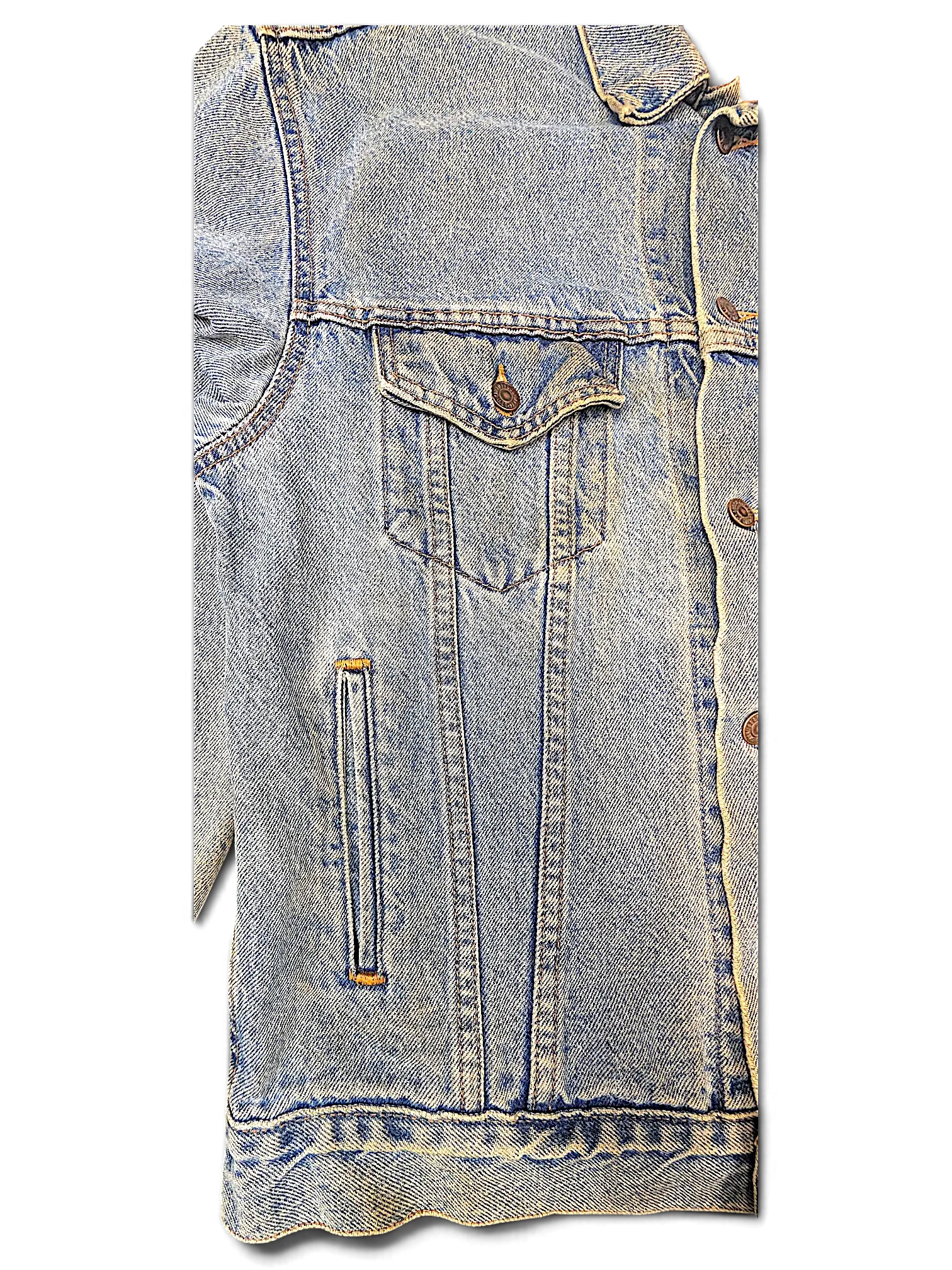 JAKE & IPI Levi's Strauss light wash denim jacket with a distressed finish and classic button-up chest pockets