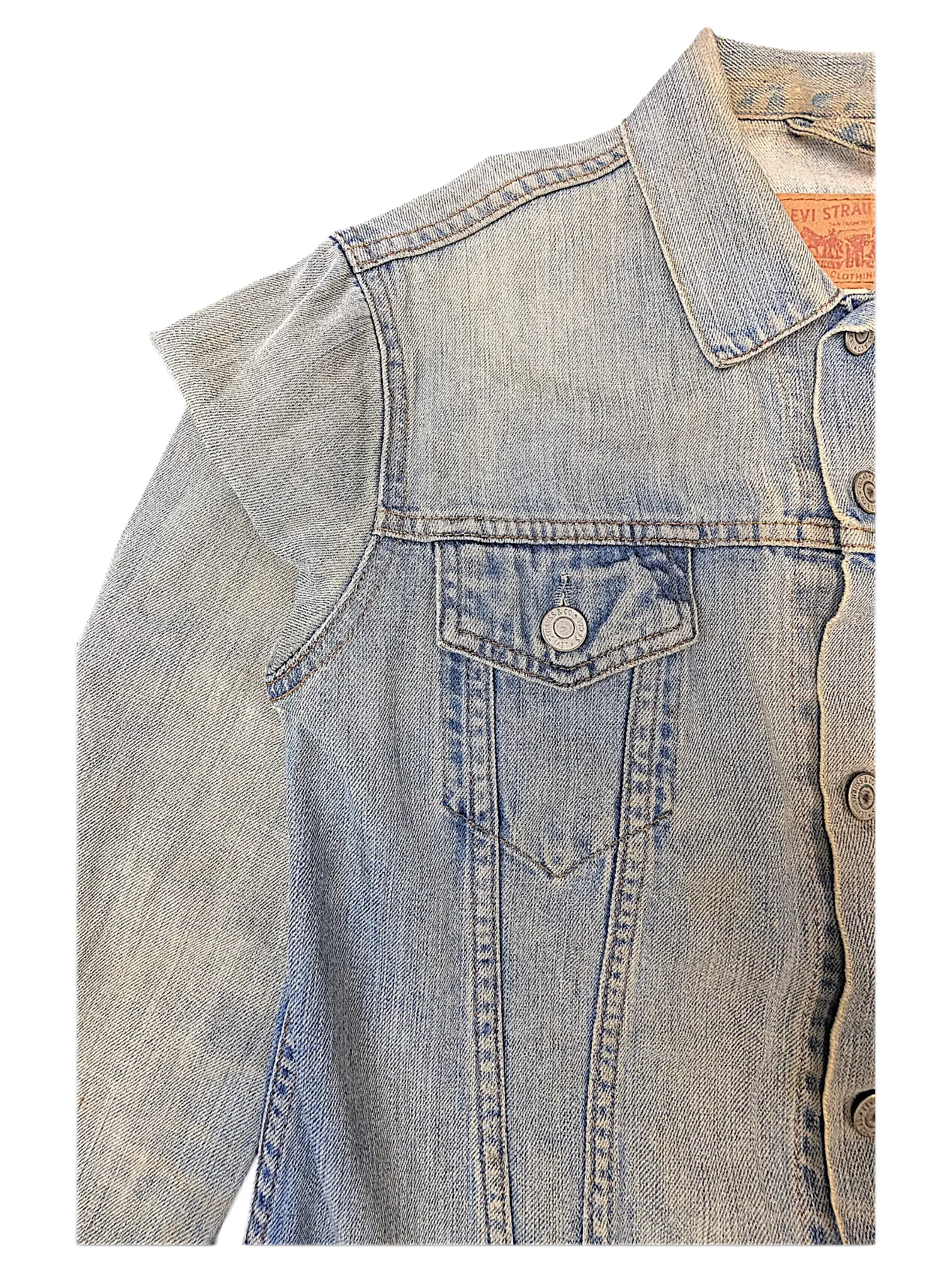 JAKE & IPI Levi's distressed light wash denim jacket with button-flap chest pocket and classic collar