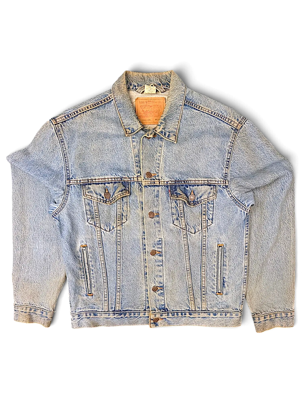 JAKE & IPI vintage Levi's Strauss light wash distressed denim jacket with button-up front and dual chest pockets.