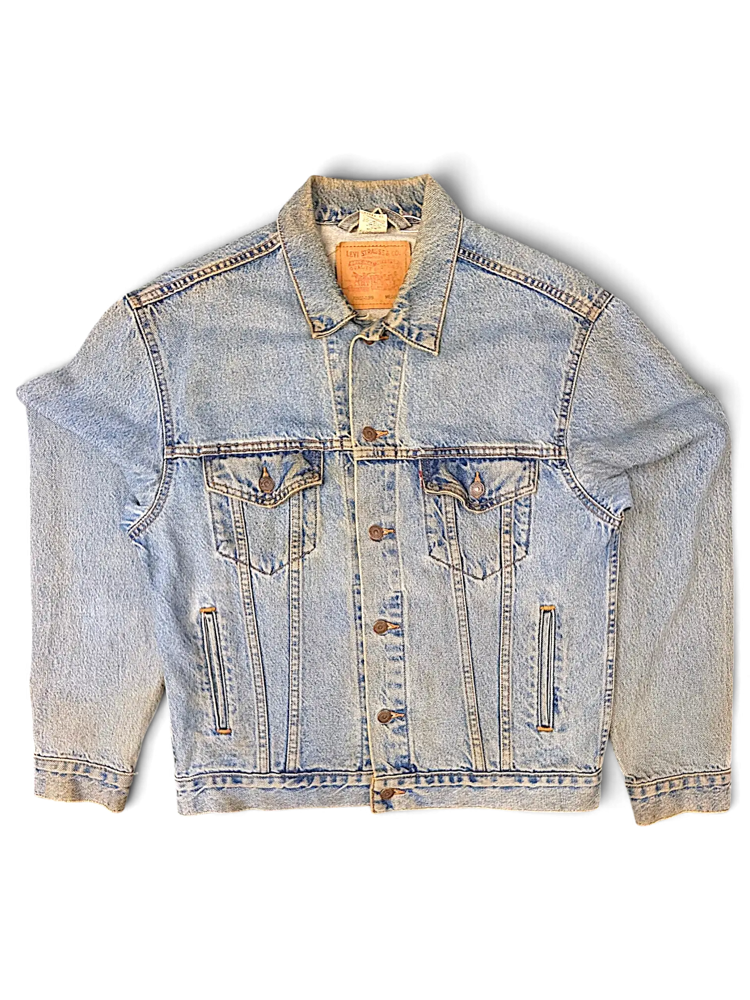 JAKE & IPI vintage Levi's Strauss light wash distressed denim jacket with button-up front and dual chest pockets.