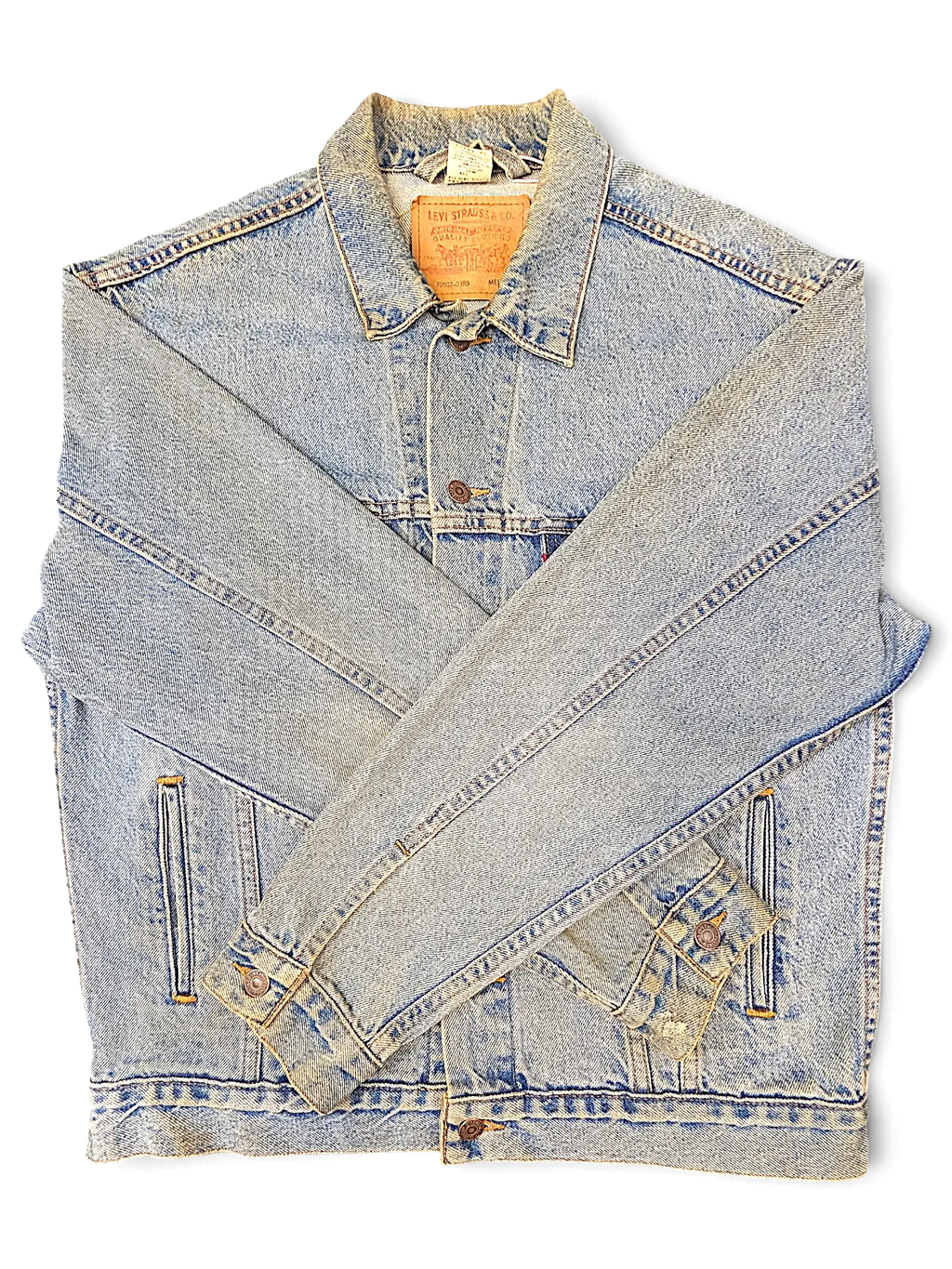 JAKE & IPI vintage-style Levi's Strauss light wash distressed denim jacket with button-up front and classic collar.