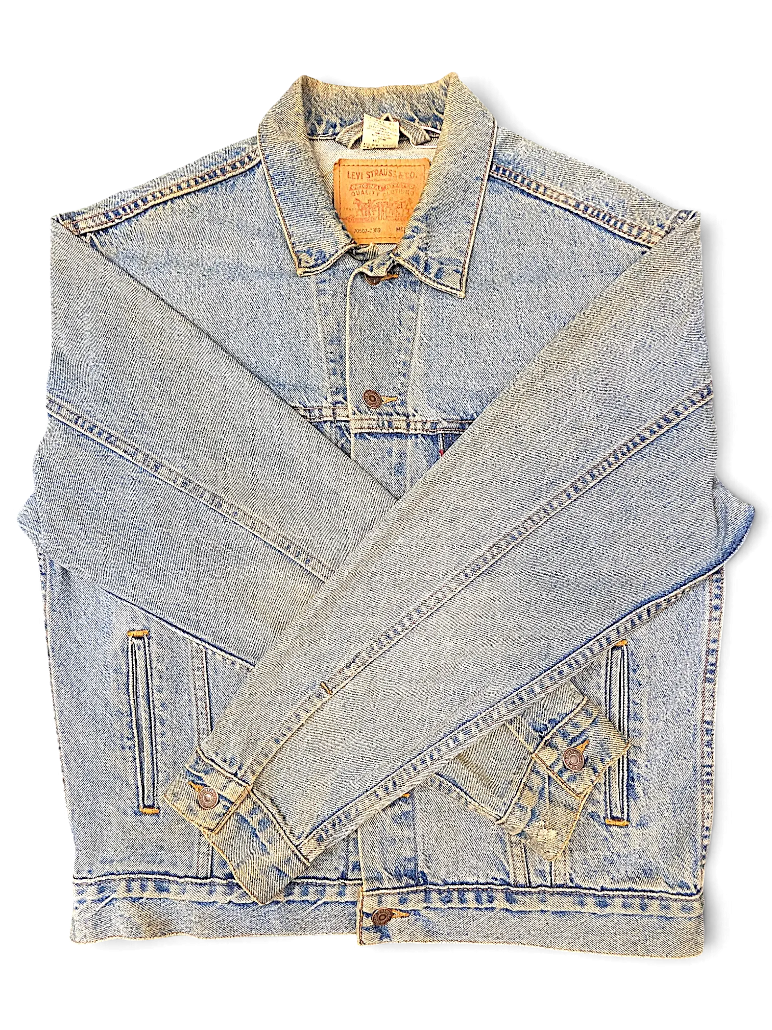 JAKE & IPI vintage-style Levi's Strauss light wash distressed denim jacket with button-up front and classic collar.