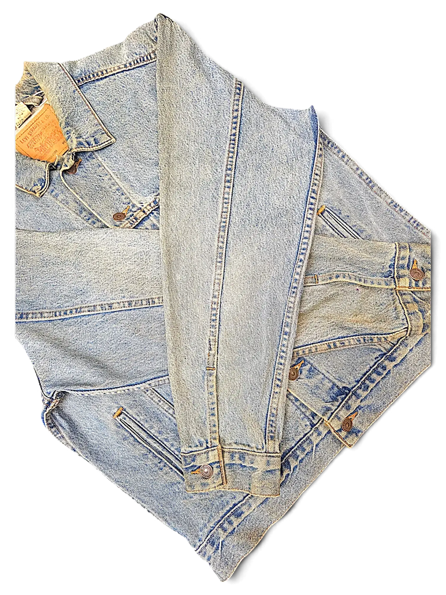 JAKE & IPI vintage Levi's Strauss distressed light wash denim jacket with classic button-up front and collar